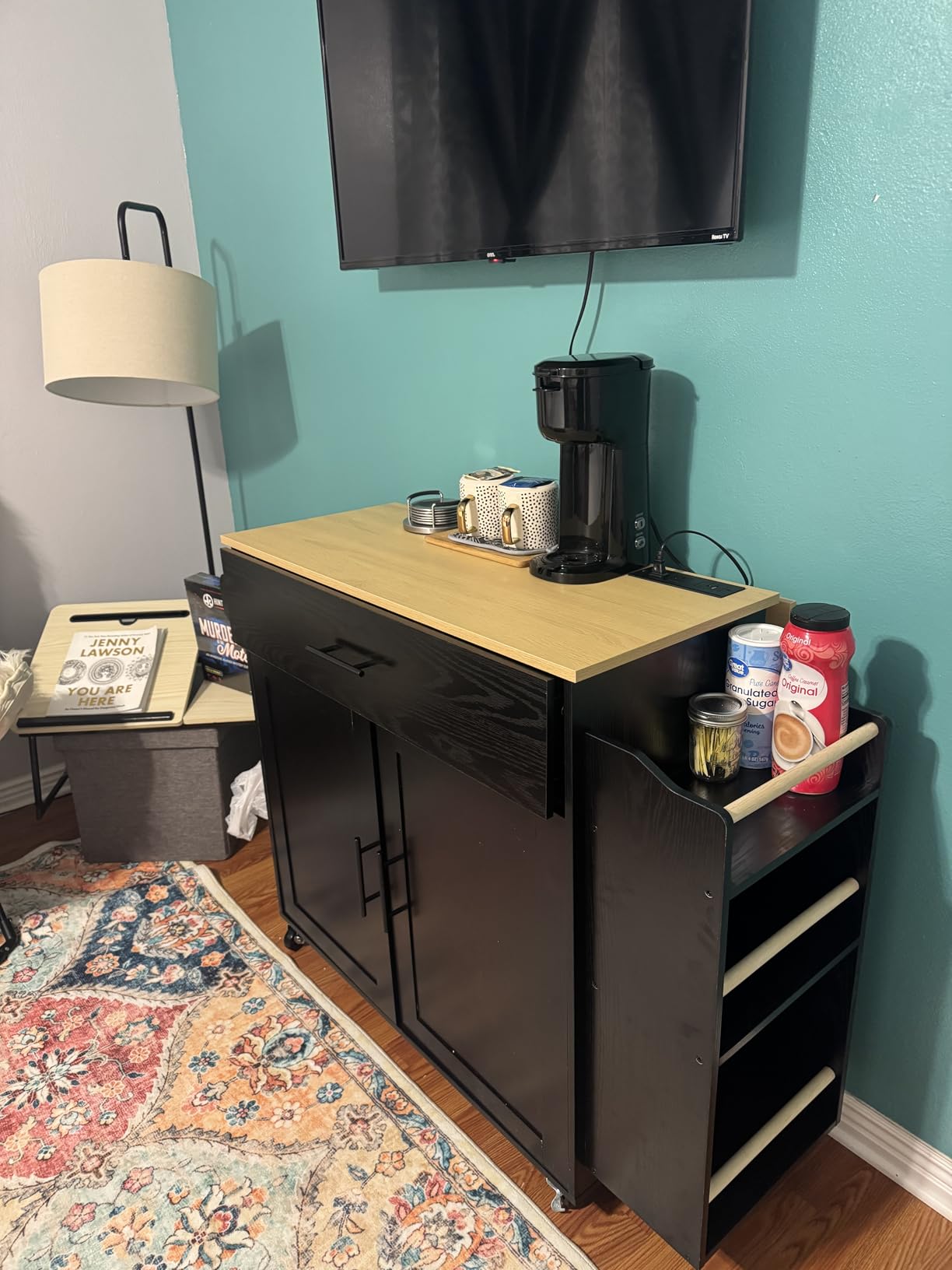 IRONCK Kitchen Island with Storage, Charging Station and Drop Leaf, Black customer photo 2
