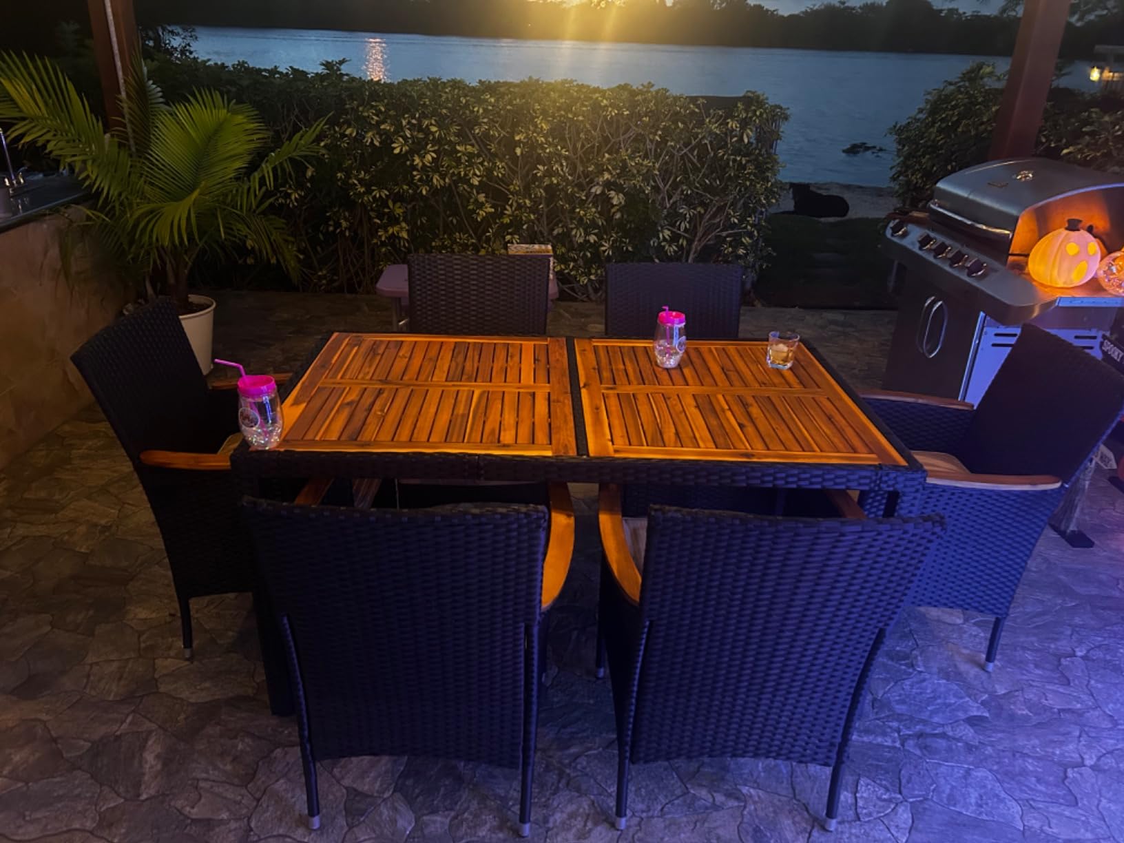 Devoko 7 PCS Acacia Wood Patio Dining Set, Black Rattan customer photo 1