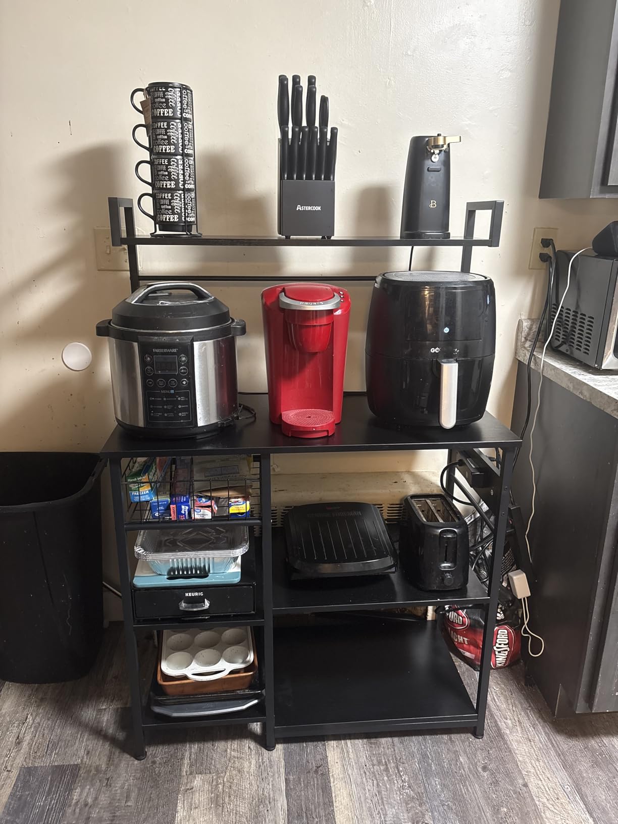 HOOBRO Bakers Rack with Power Outlet, 35.4 Inches Coffee Bar with Mesh Basket, Microwave Stand with 4 S-Shaped Hooks, Kitchen Bakers Rack with Storage, Easy to Assemble, Rustic Brown BF05HB01 customer photo 1