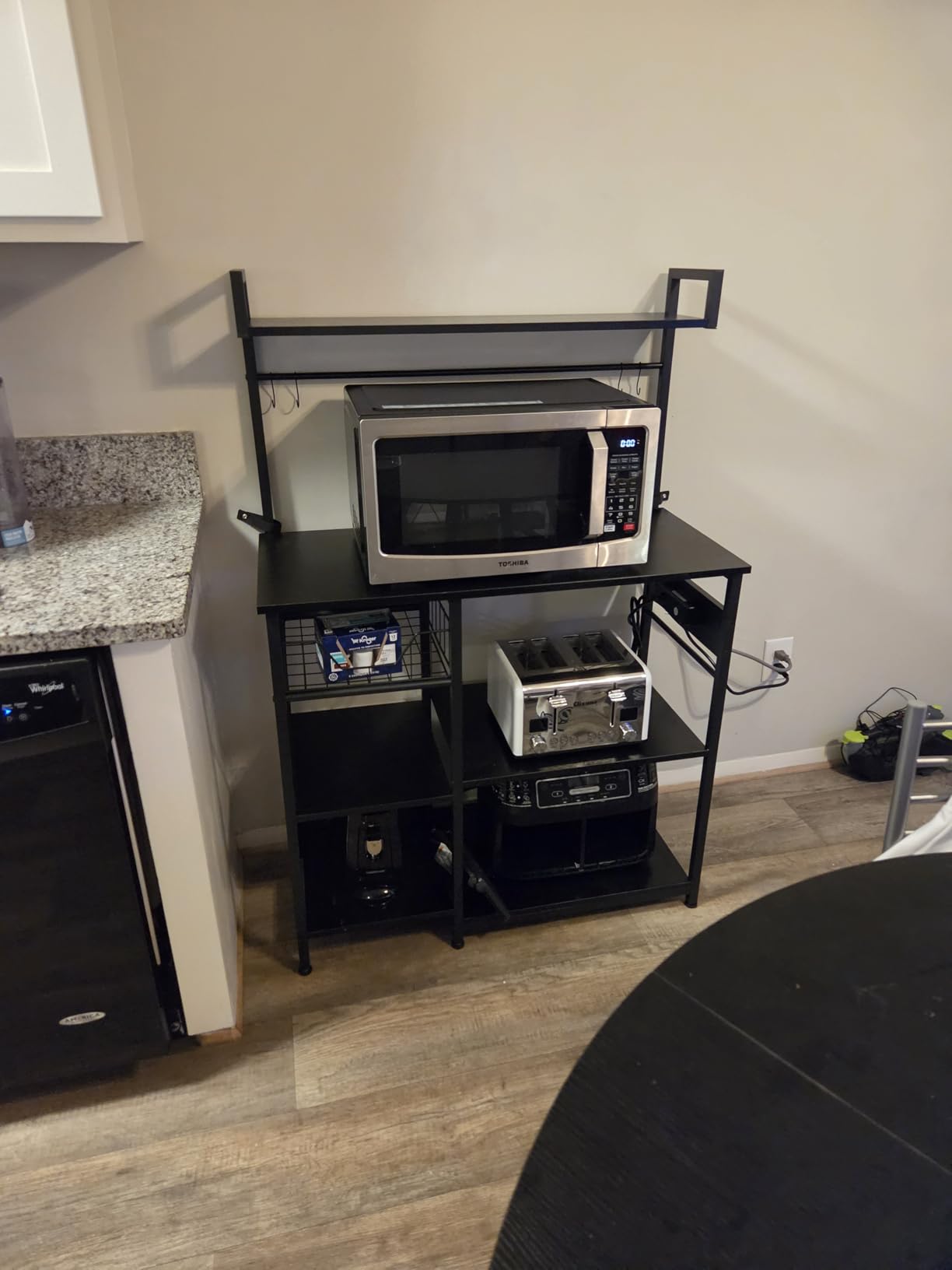 HOOBRO Bakers Rack with Power Outlet, 35.4 Inches Coffee Bar with Mesh Basket, Microwave Stand with 4 S-Shaped Hooks, Kitchen Bakers Rack with Storage, Easy to Assemble, Rustic Brown BF05HB01 customer photo 2