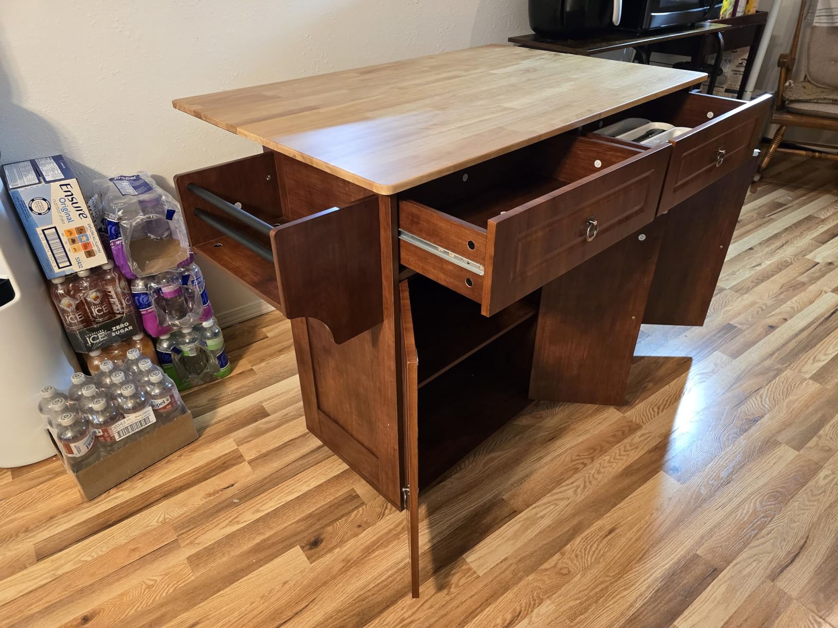 Qsun Kitchen Island with Drop Leaf and Storage, on Wheels Two Drawers, Large Storage Cabinet, Towel Rack Spice Cart Brown customer photo 2