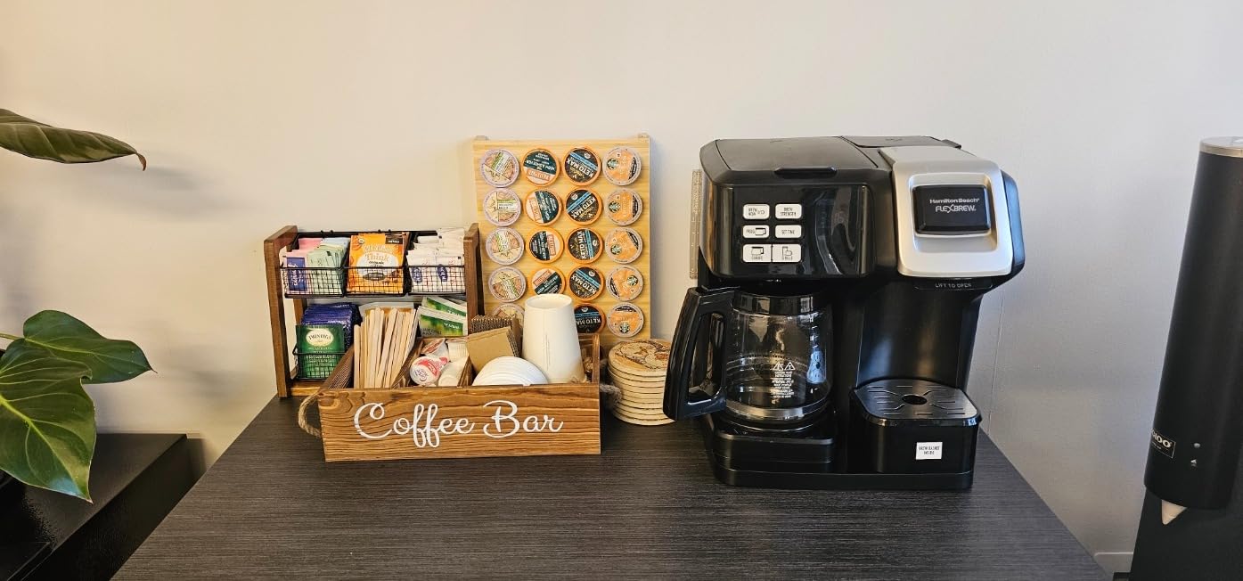 QUALLON Coffee Station Organizer with Small Removable Dividers, Wooden Coffee Bar Accessories Storage For Countertop, Farmhouse Kcup Coffee Pod Holder Basket With Handle For Coffee Lover customer photo 1