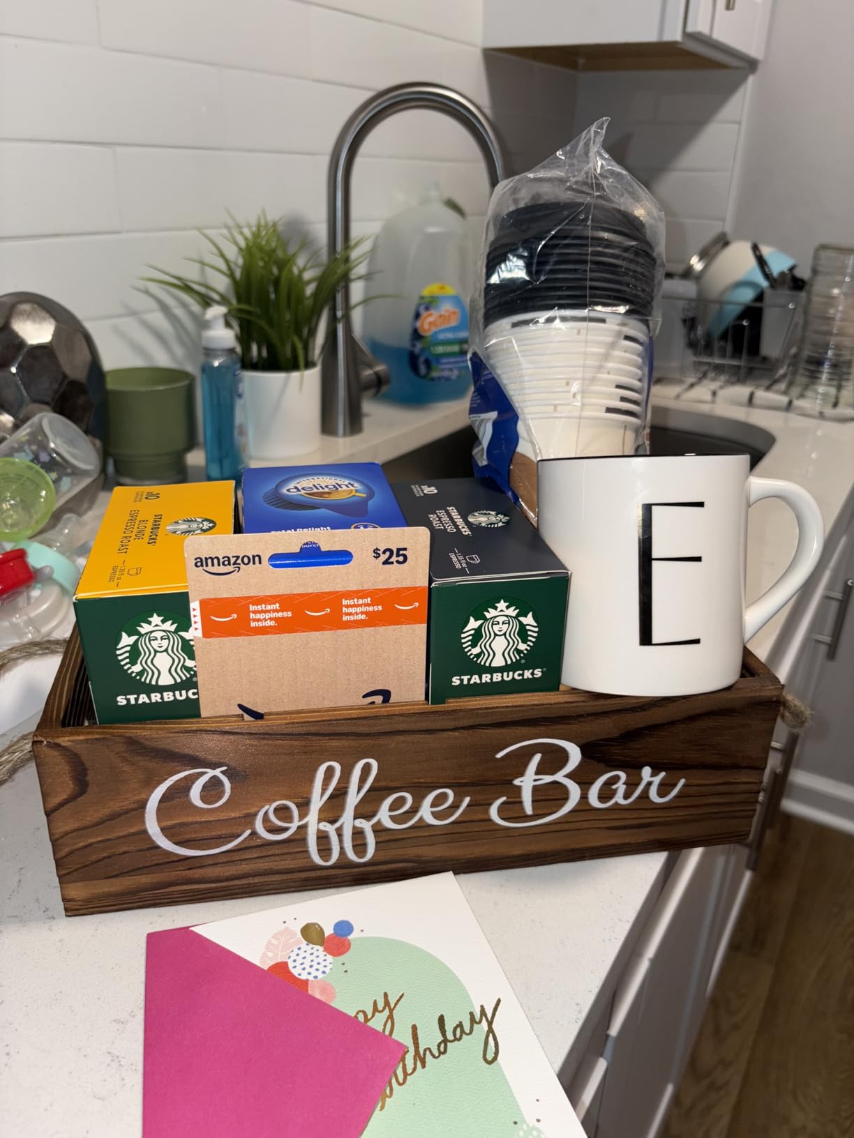QUALLON Coffee Station Organizer with Small Removable Dividers, Wooden Coffee Bar Accessories Storage For Countertop, Farmhouse Kcup Coffee Pod Holder Basket With Handle For Coffee Lover customer photo 2
