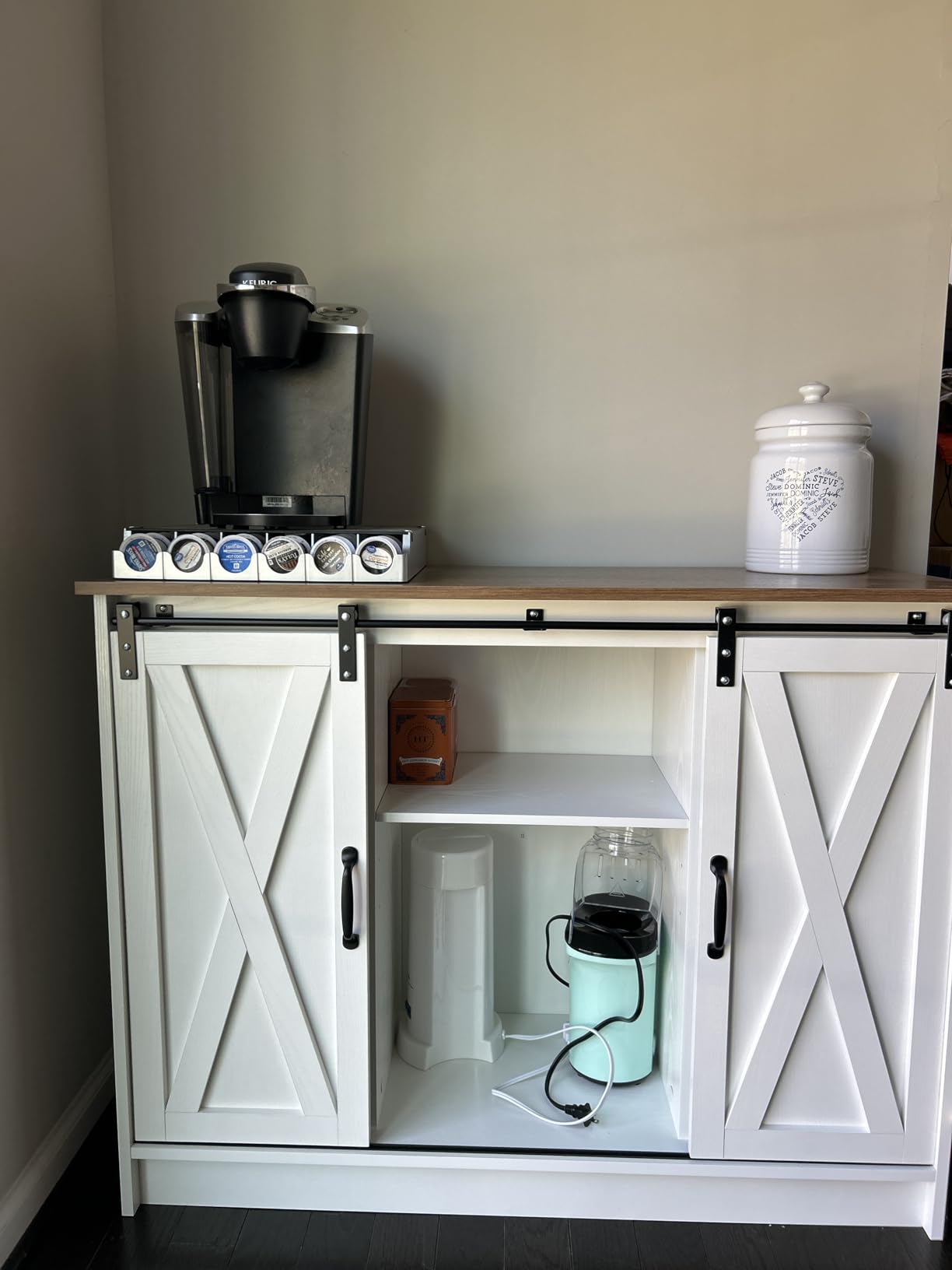 4 EVER WINNER Coffee Bar Cabinet with Sliding Barn Doors, 42”Farmhouse Buffet Cabinet with Storage for Kitchen, Coffee Bar with Adjustable Shelf for Dining Room, White customer photo 2