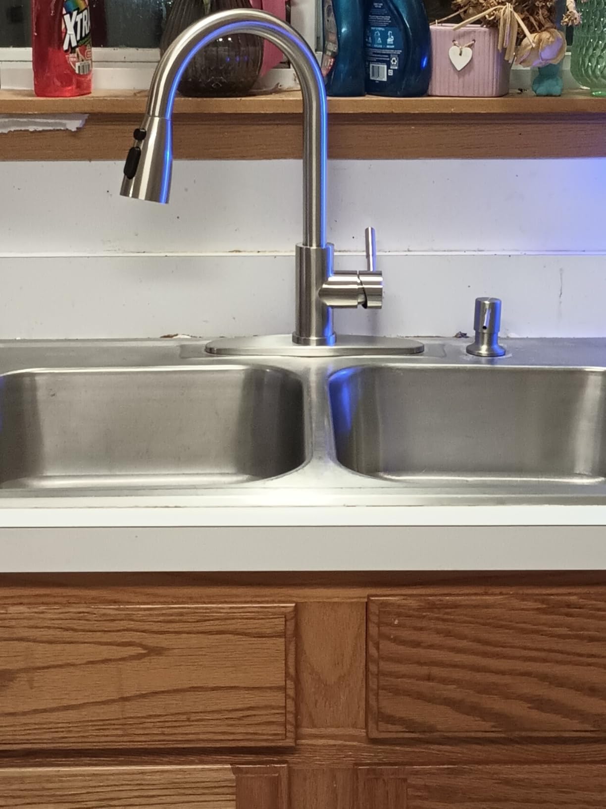 WOWOW Kitchen Faucet with Soap Dispenser: 304 Stainless Steel Kitchen Sink Faucet with Pull Down Sprayer 3 Modes, Single Handle High Arc Mixer Taps for Sink, RV, Laundry, Bar (Brushed Nickel) customer photo 1