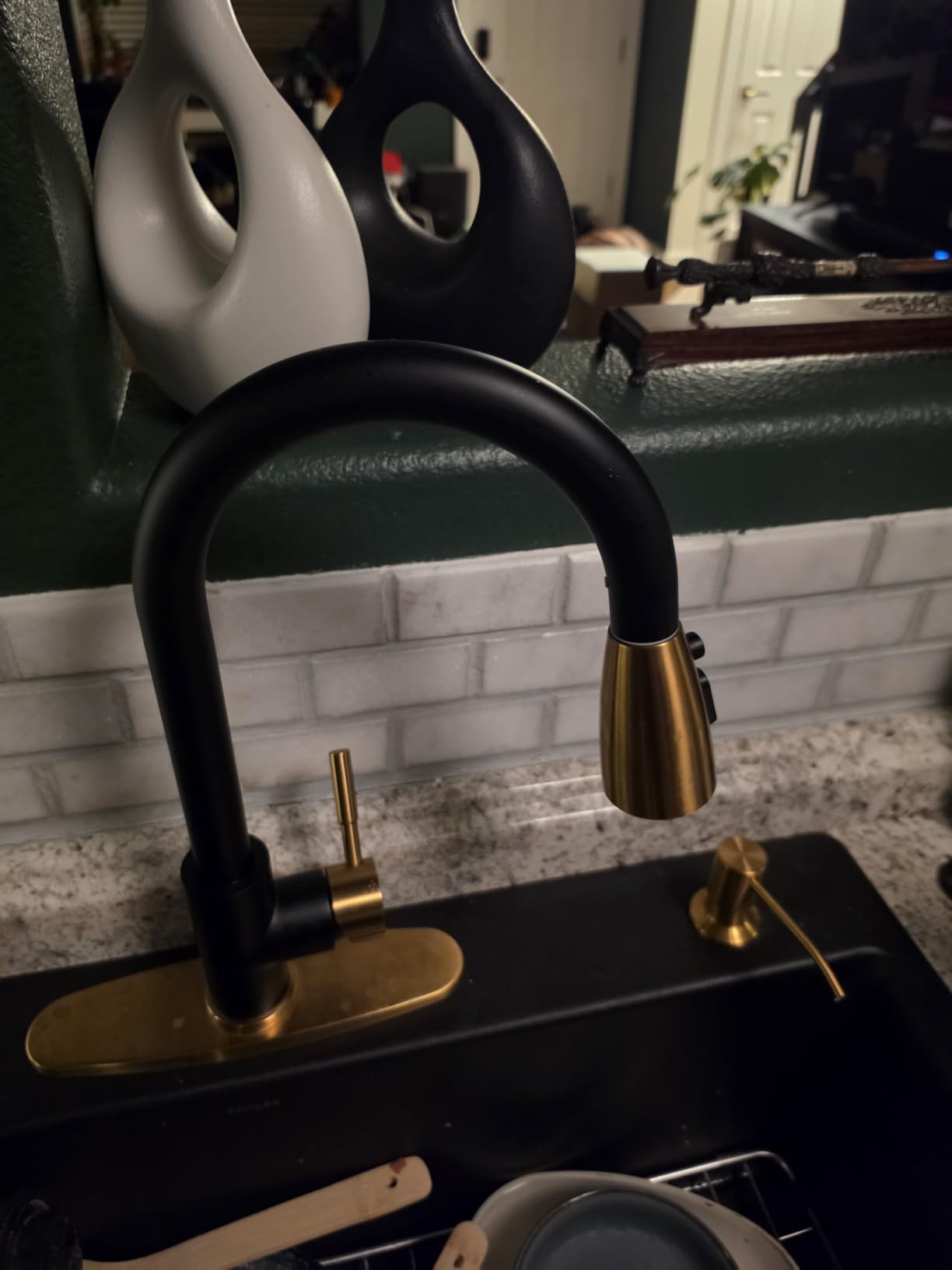 WOWOW Kitchen Faucet with Soap Dispenser: 304 Stainless Steel Kitchen Sink Faucet with Pull Down Sprayer 3 Modes, Single Handle High Arc Mixer Taps for Sink, RV, Laundry, Bar (Brushed Nickel) customer photo 2