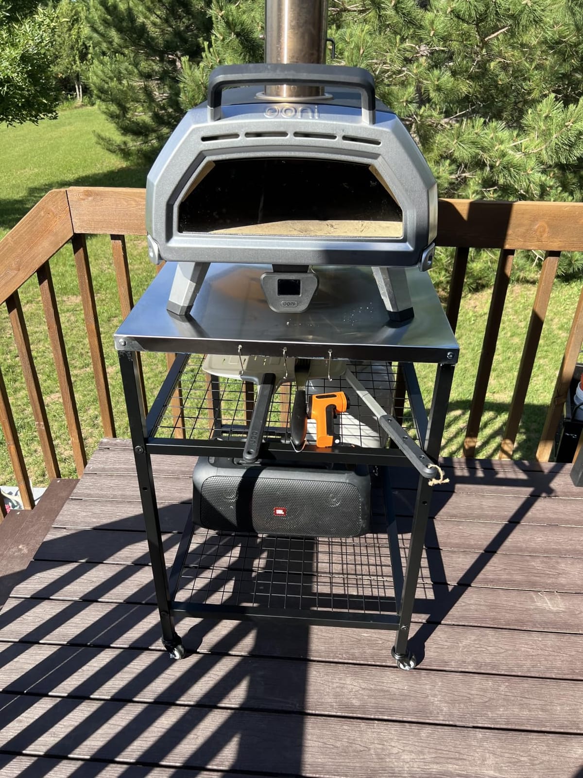 Stainless Steel Outdoor Grill Cart Pizza Oven Stand Trolley Table with Wheels Three-Shelf Movable Food Prep and Work Table Heavy Duty Grill Carts Outdoor Cart 31.5