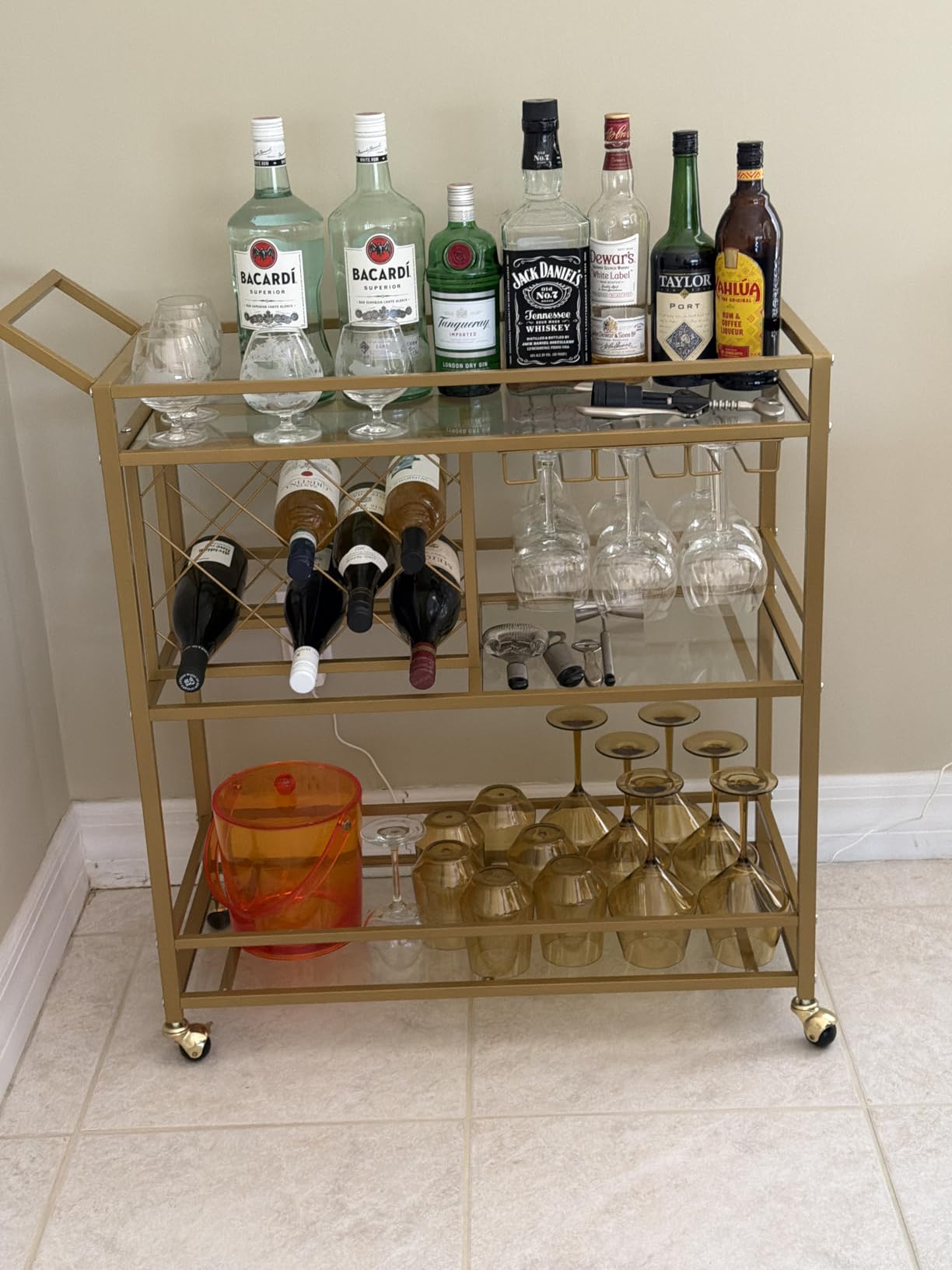 FATORRI Bar Cart for The Home with Wine Rack and Glasses Holder, Small Home Bar Serving Cart on Wheels for Liquor and Alcohol (Walnut Brown) customer photo 2