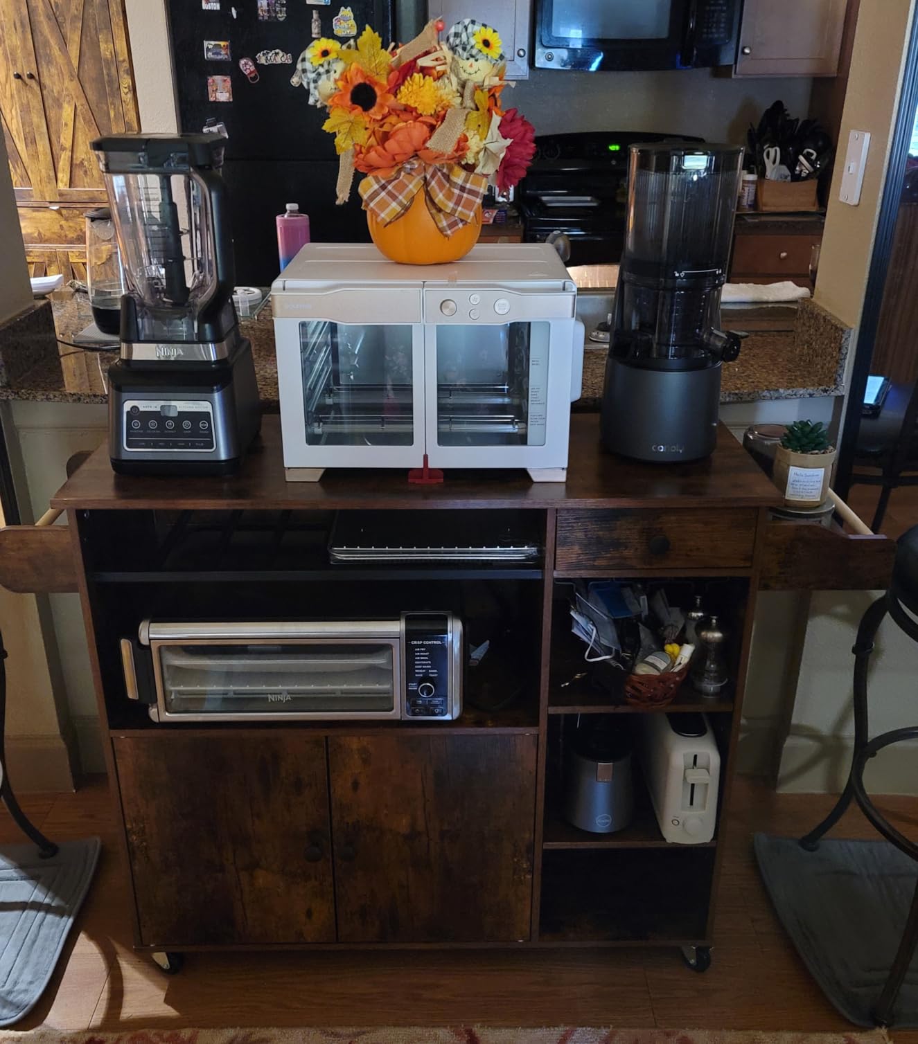 IRONCK Rolling Kitchen Island Cart with Drop-Leaf and Wine Rack, Brown customer photo 2