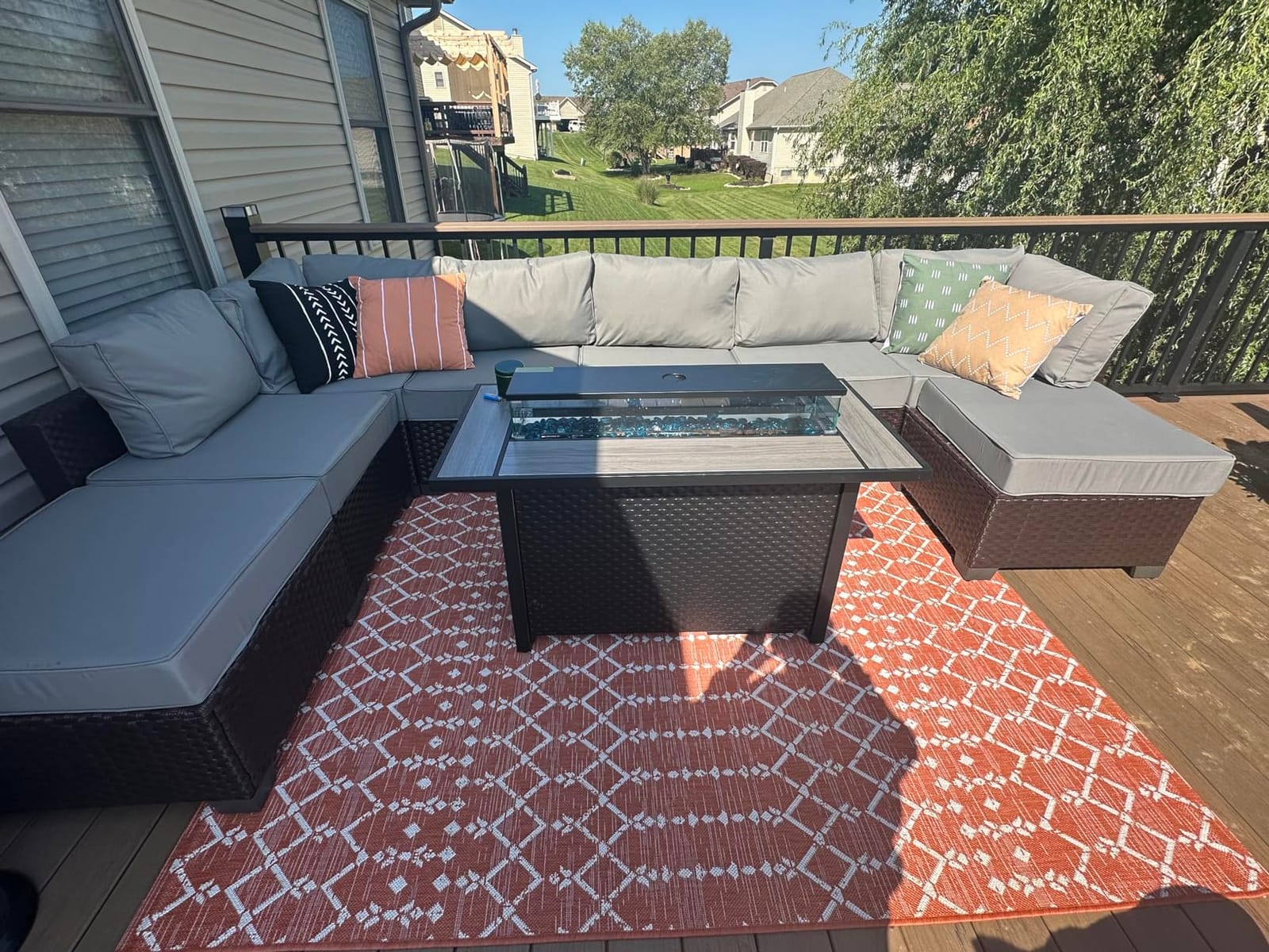 Lviden 10 Pieces Wicker Patio Furniture Set with Patio Glass Table Outdoor Sectional Conversation Sofa Set with 43 inches Fire Pit Table and Non-Slip Cushione, Navy Blue customer photo 1