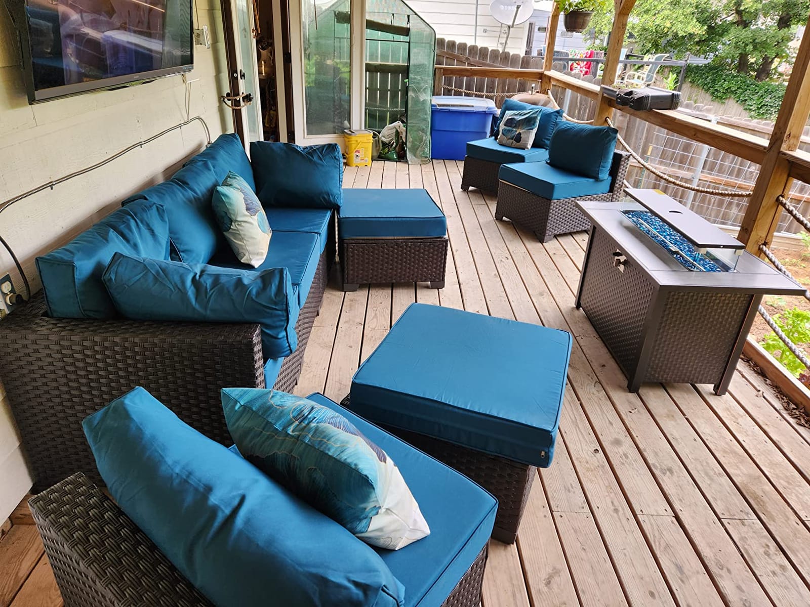 Lviden 10 Pieces Wicker Patio Furniture Set with Patio Glass Table Outdoor Sectional Conversation Sofa Set with 43 inches Fire Pit Table and Non-Slip Cushione, Navy Blue customer photo 2