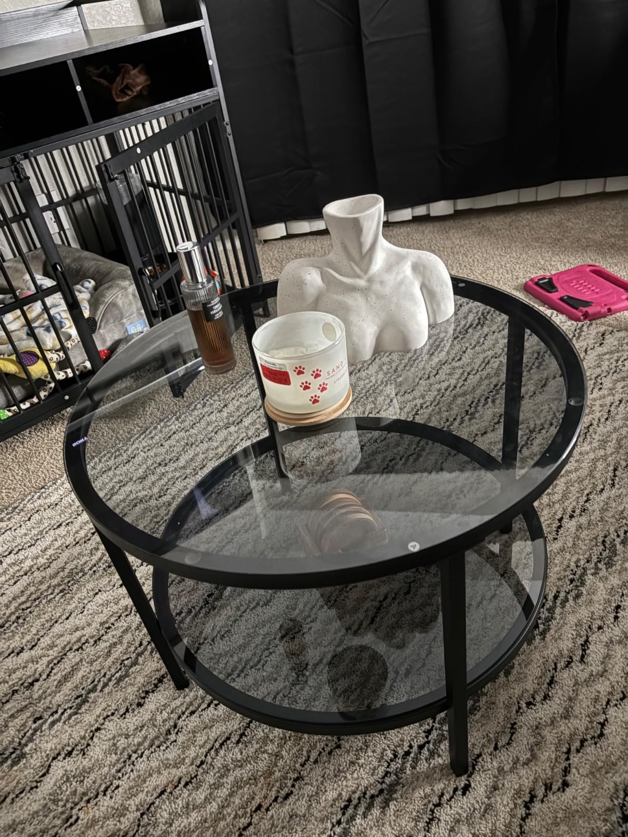 Yusong Round Glass Coffee Tables for Living Room, 2-Tier Circle Coffee Table with Storage, 26