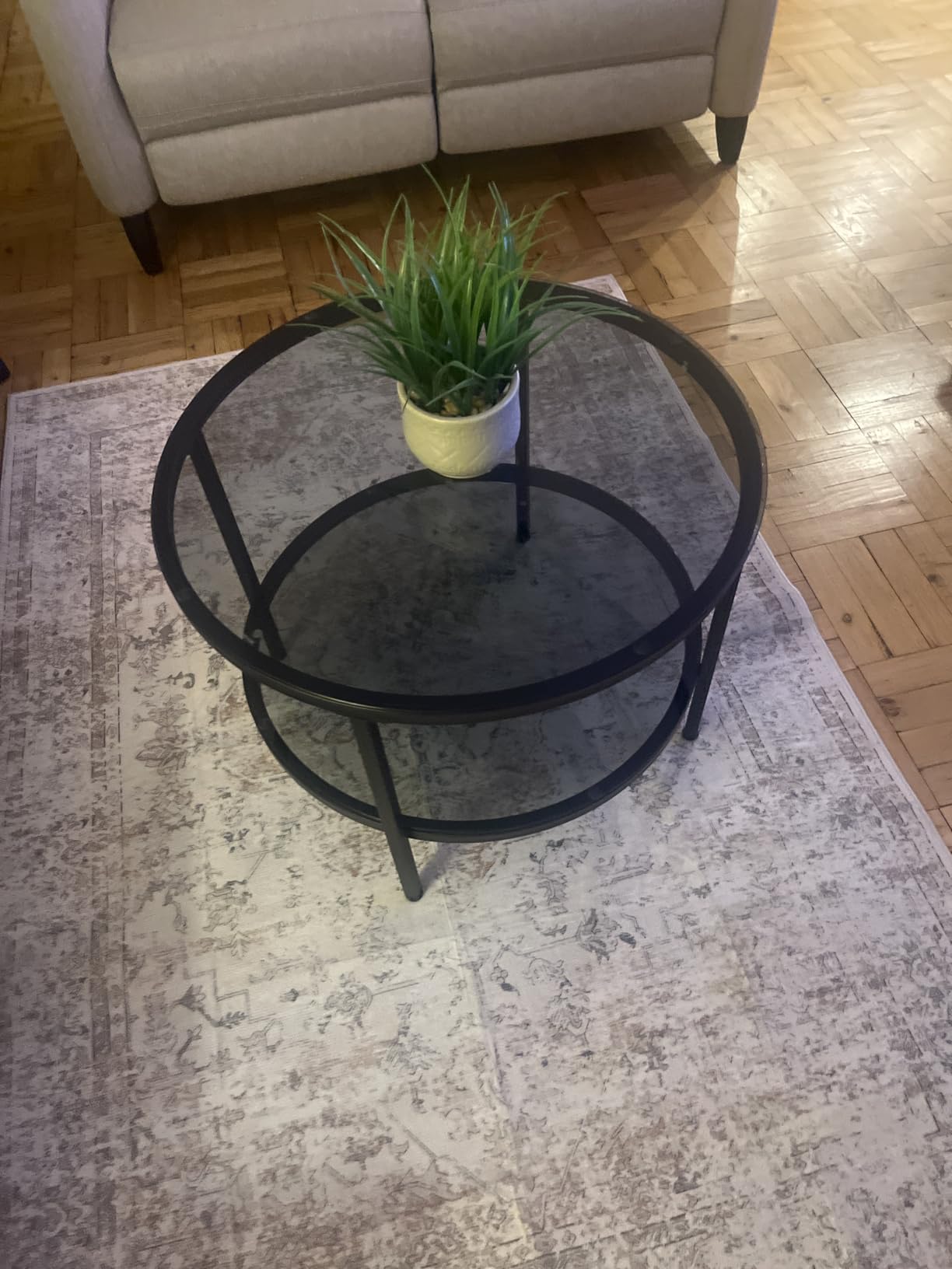 Yusong Round Glass Coffee Tables for Living Room, 2-Tier Circle Coffee Table with Storage, 26