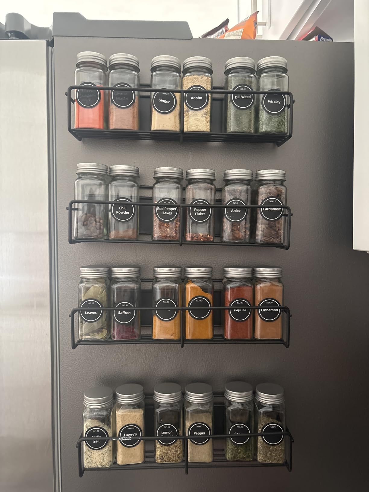 VITEVER Magnetic Spice Rack, 4 Pack, 24 Square Glass Jars with Lids, Quick-Find Pre-Printed Labels, Funnel, Space Saver, Refrigerator and Microwave Oven Organizer customer photo 2