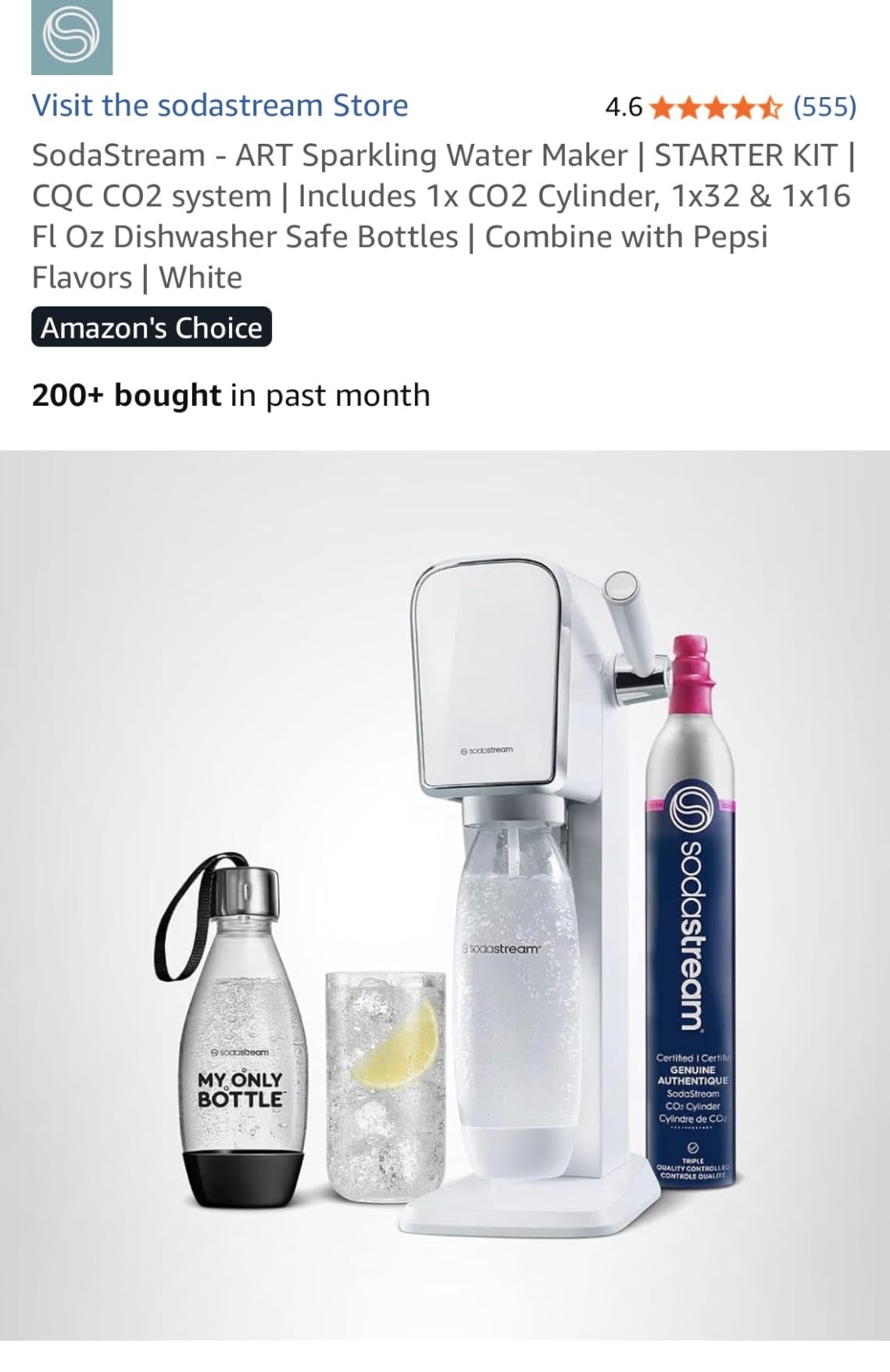 SodaStream - ART Sparkling Water Maker | STARTER KIT | CQC CO2 system | Includes 1x CO2 Cylinder, 1x32 & 1x16 Fl Oz Dishwasher Safe Bottles | Combine with Pepsi Flavors | White customer photo 1