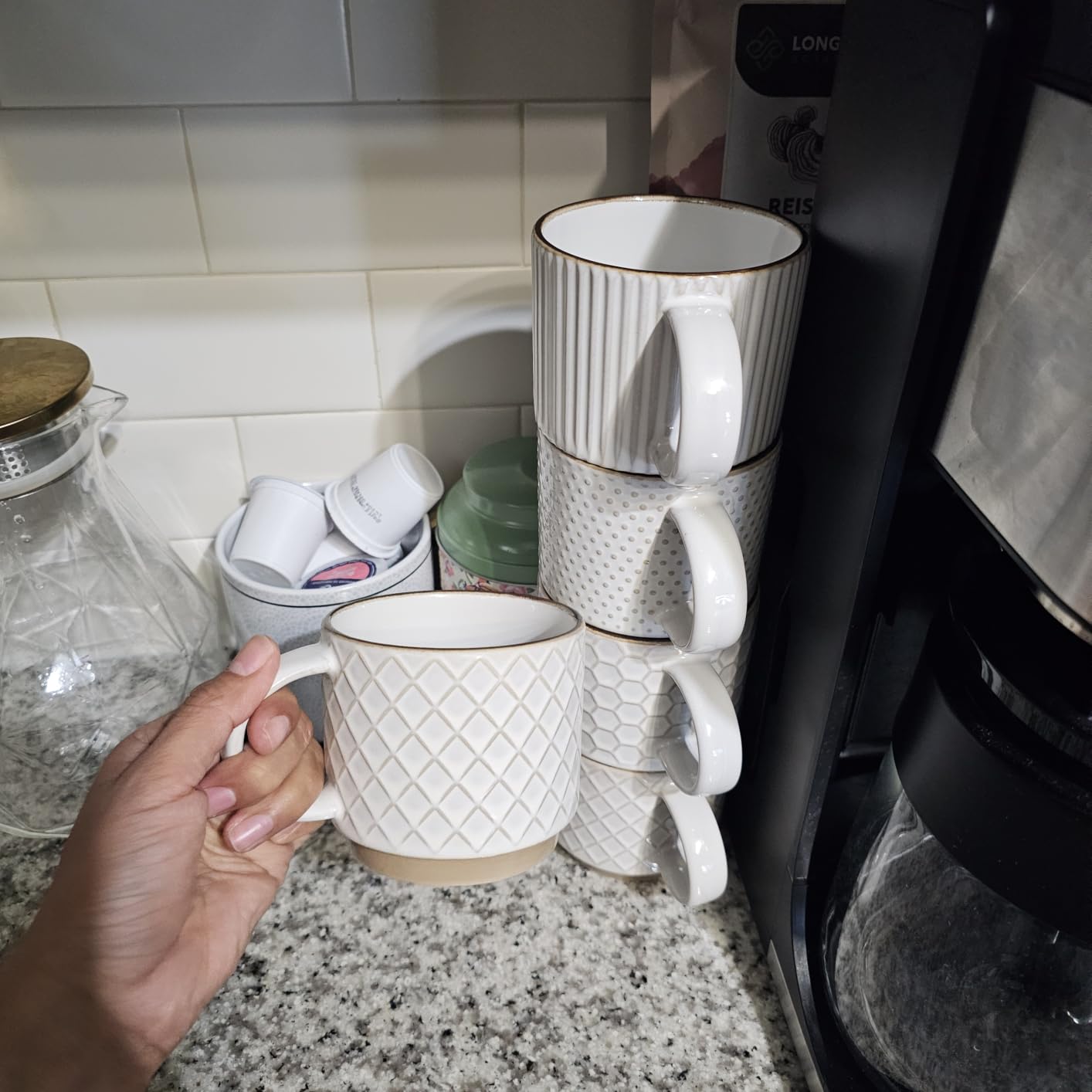 GBhome 12 OZ Stackable Coffee Mugs Set of 4, Ceramic Coffee Cups Set customer photo 2