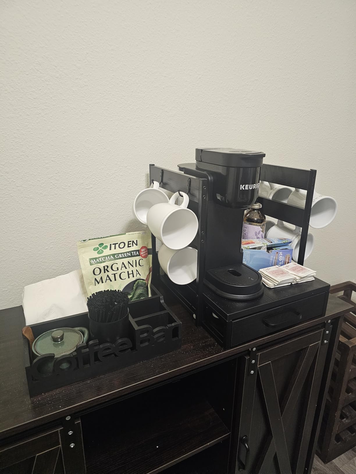 Coffee Bar Organizer Countertop,Wood Caddy with Compartments for Pods,Black customer photo 2