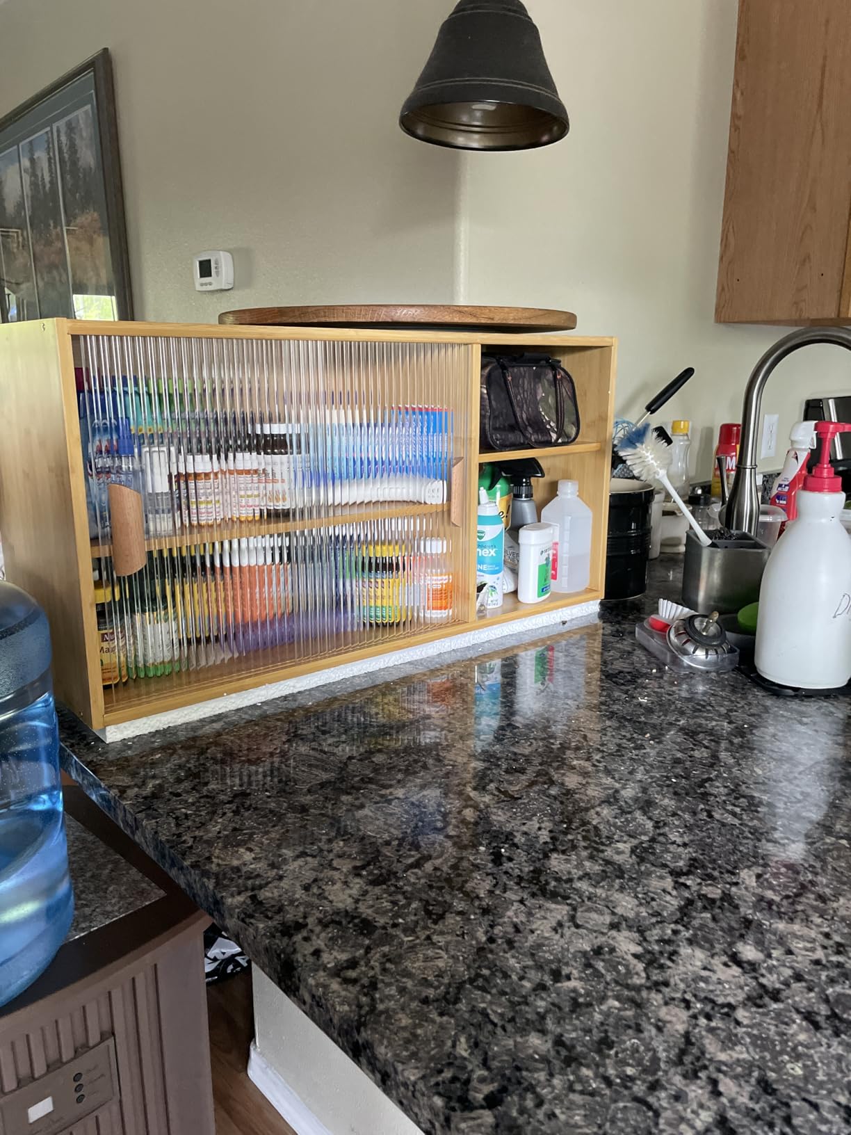 Tiita Walnut Countertop Pantry Cabinet, Bamboo Storage with Glass Doors customer photo 2