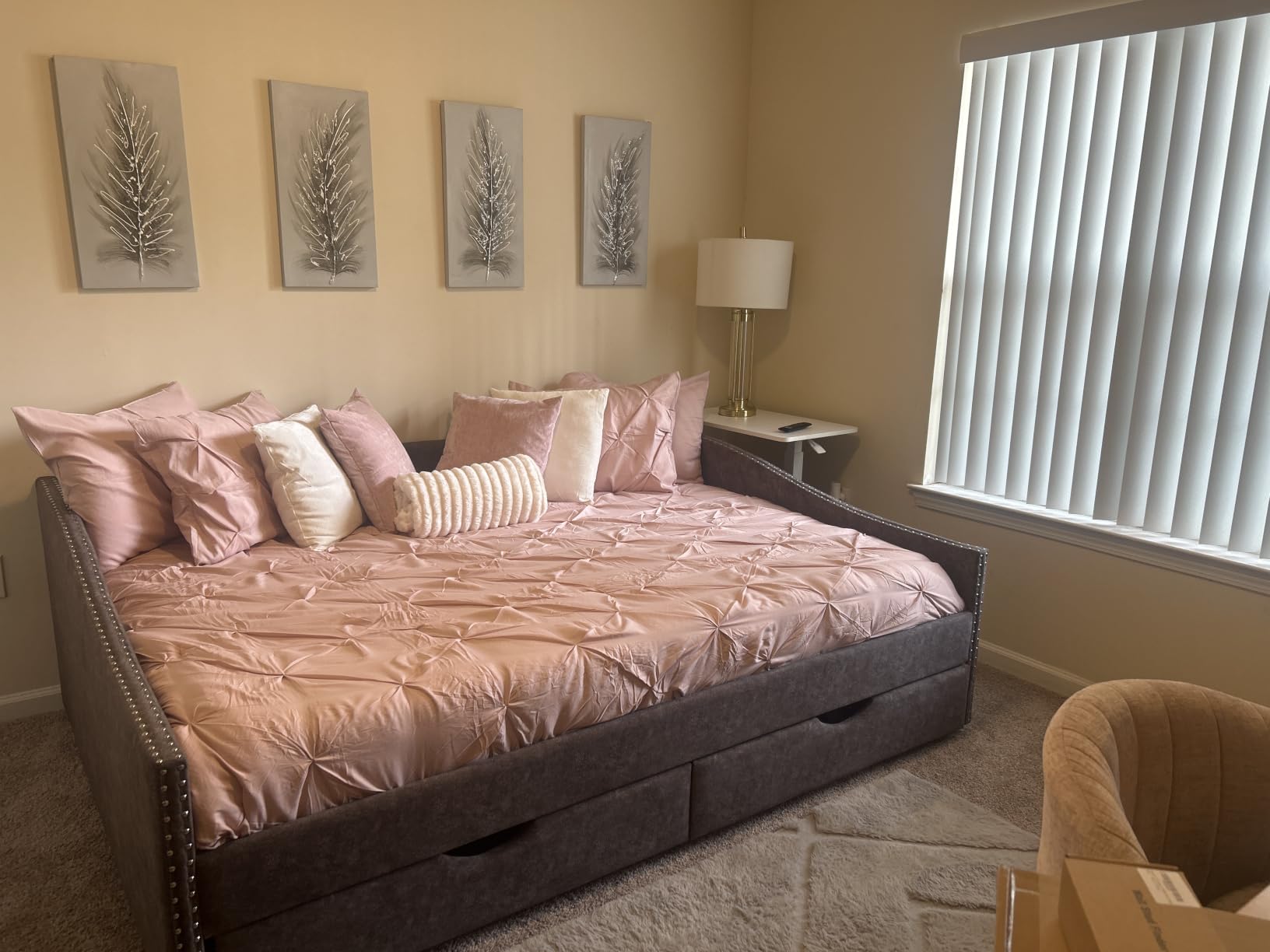 Wood Queen Size Daybed, Day Bed Frame with 2 Storage Drawers, Upholstered Bed Frame Queen Sofa Couch with Button and Nailhead Design for Bedroom Guest Room, No Box Spring Needed, Beige customer photo 2