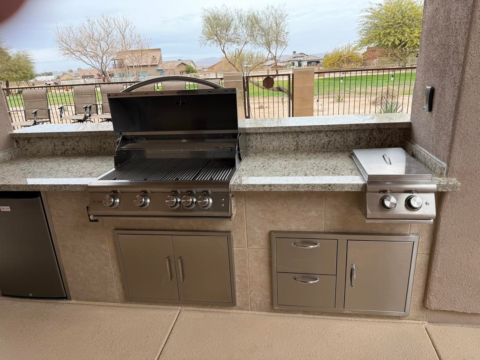 BLAZE BBQ Outdoor Package of 32” LTE Built-in Gas Grill, Gas Dop-In Single Side Burner, 32” Door & Two Drawers Combo, 24” Refrigerator and Accessories (Grill Cover, Fridge Trim, and Rotisserie Kit) customer photo 1