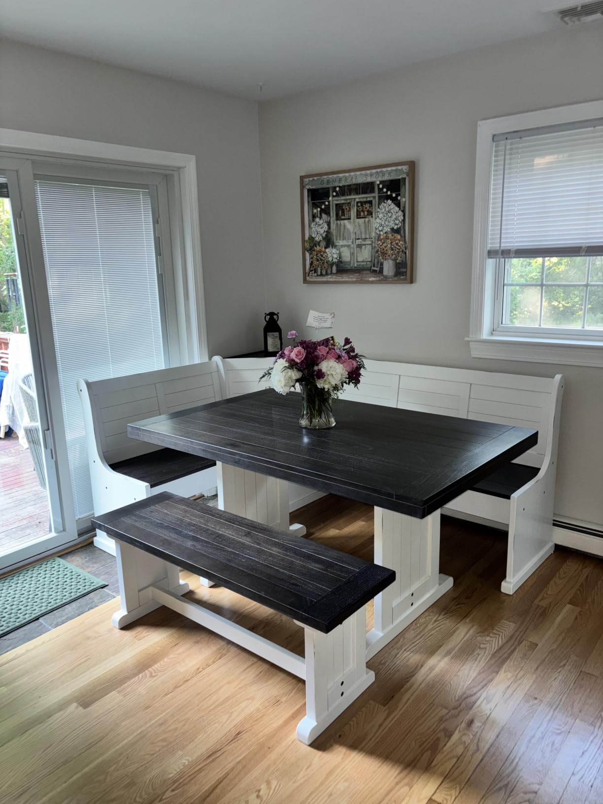 Pemberly Row 3-Piece Traditional Solid Wood Breakfast Nook Set with Table, Storage Space, Foldable Corner Shelf, Fit Any Space Blending Style and Function, in Gray & Brown Finish customer photo 2