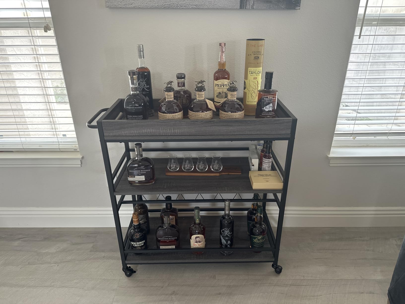 BON AUGURE Bar Cart, Home Bar Serving Cart on Wheels, Mobile 3 Tier Liquor Beverage Carts with Wine Rack and Glass Holder (Grey Oak) customer photo 1