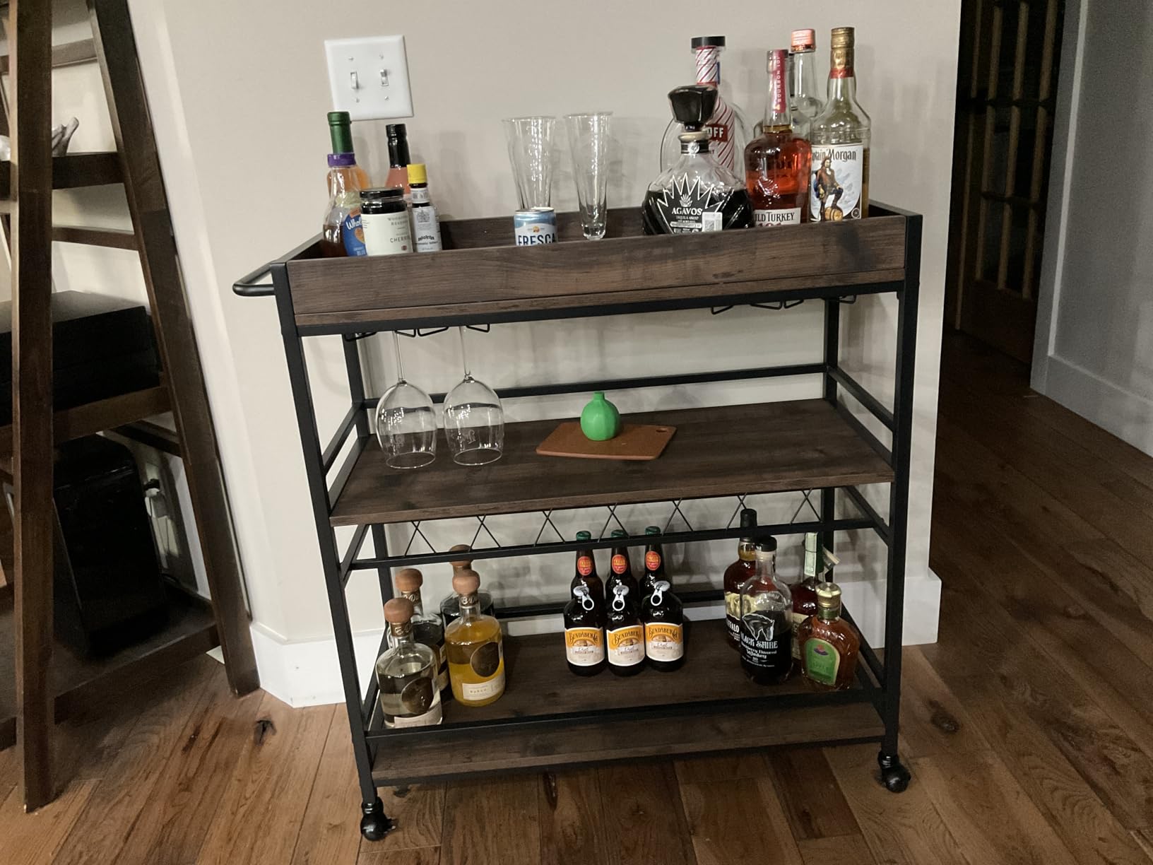BON AUGURE Bar Cart, Home Bar Serving Cart on Wheels, Mobile 3 Tier Liquor Beverage Carts with Wine Rack and Glass Holder (Grey Oak) customer photo 2