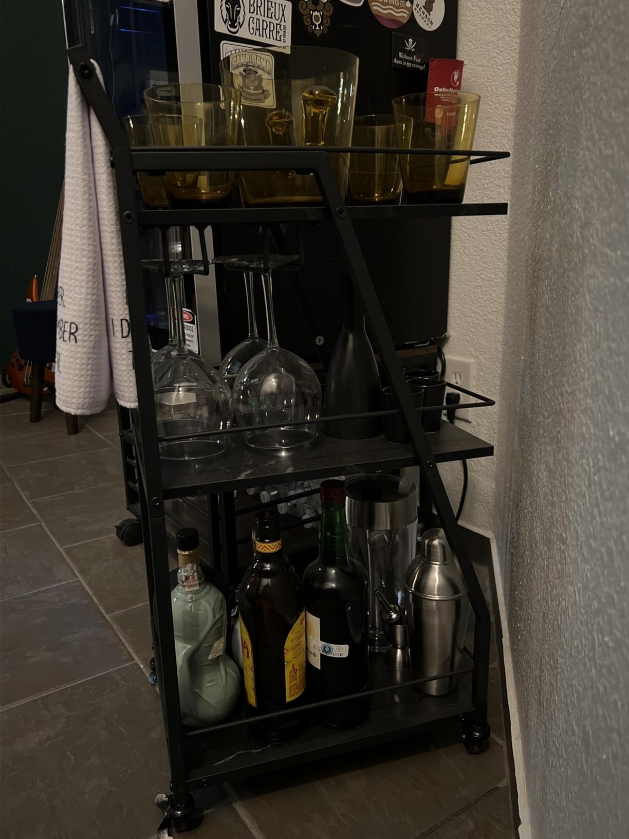 YATINEY Bar Cart, 3-Tier Home Bar Serving Cart with Wheels, Drink Cart with Glass Holder, Beverage Cart, Rolling Kitchen Cart, for Home, Living Room, Gold BC03DW customer photo 2