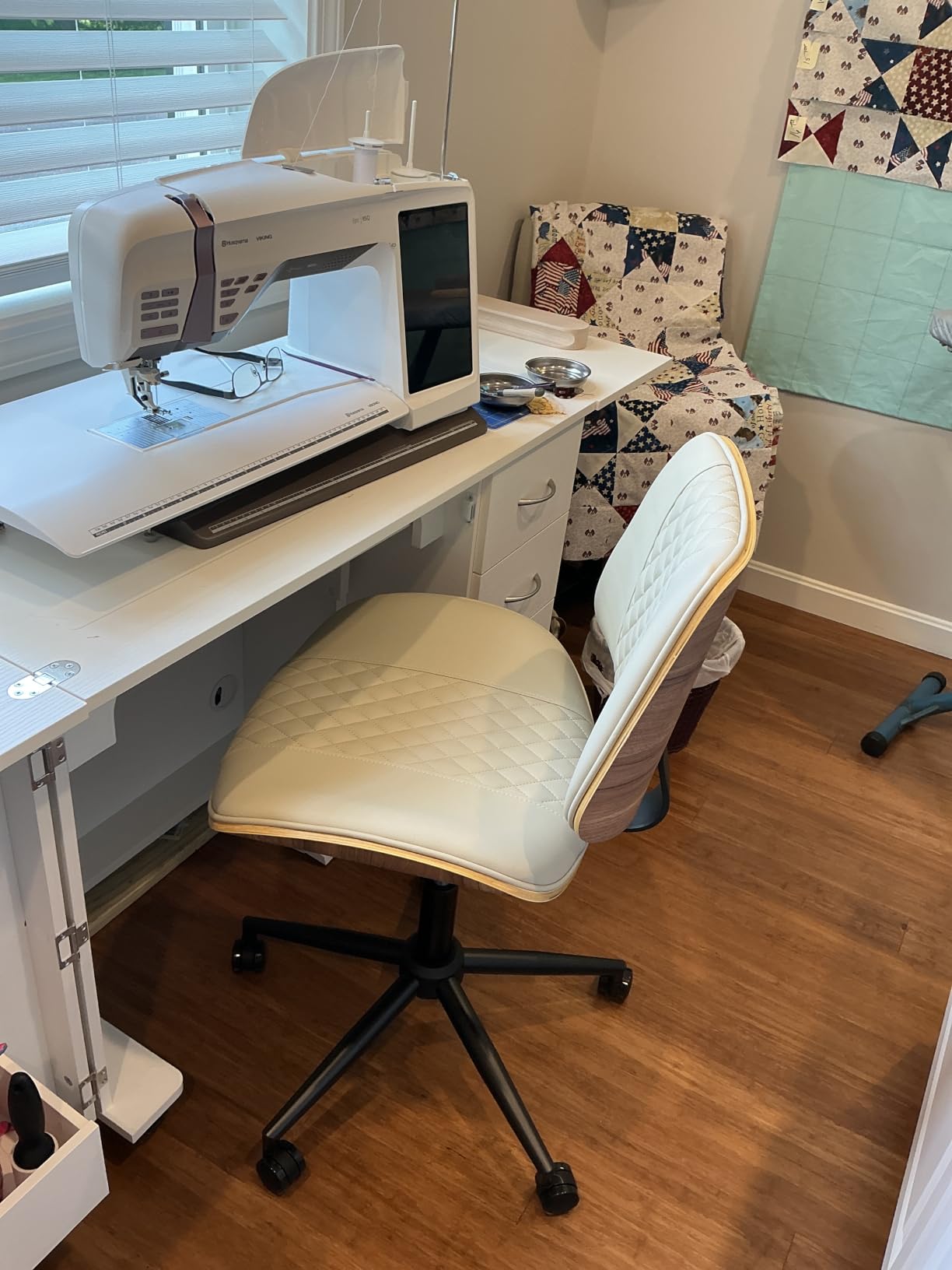 Home Office Chair No Arms with Wheels, Mid Back Walnut Style,Beige customer photo 2