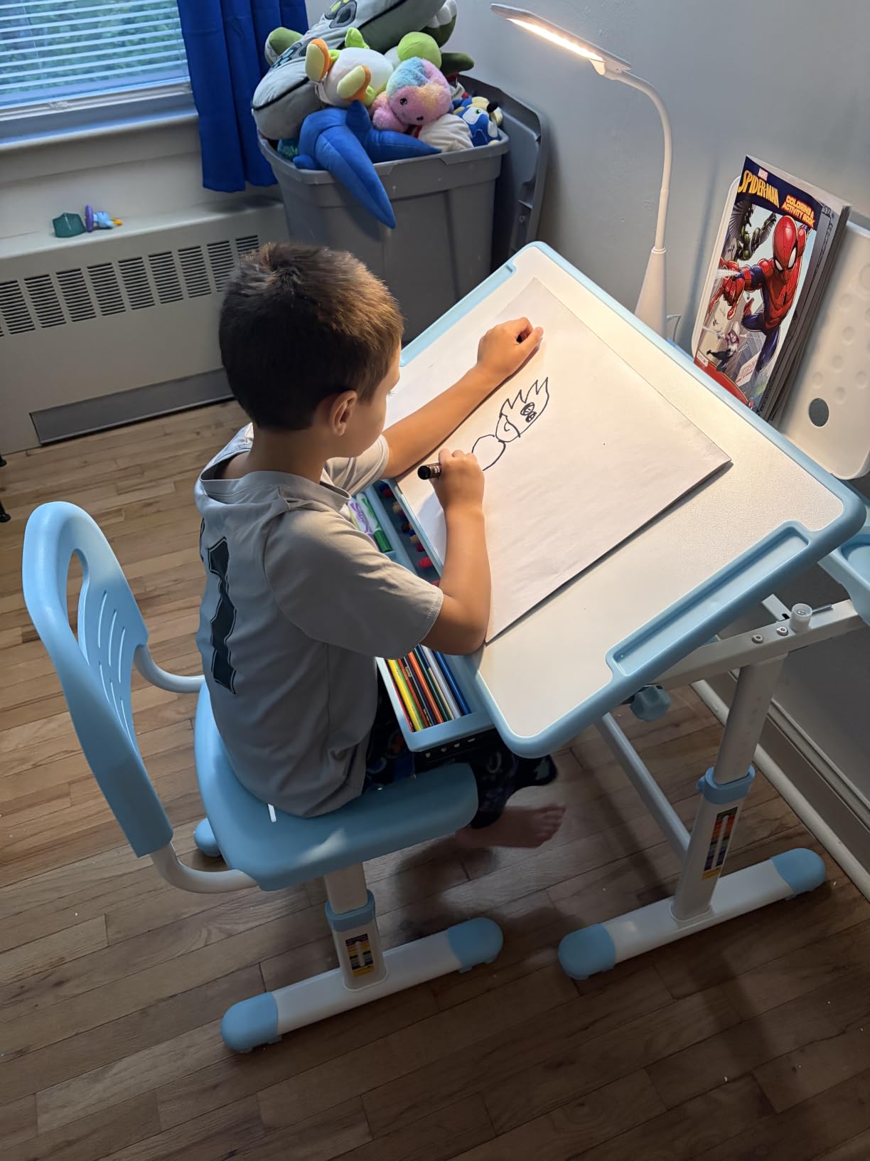 Rengue Kids Desk and Chair Set, Height Adjustable Children School Functional Study Desk with 55° Tiltable Desktop, 3 Modes & Brightness LED Light, Storage Drawer & Metal Hook for Boys Girls (Grey) customer photo 1