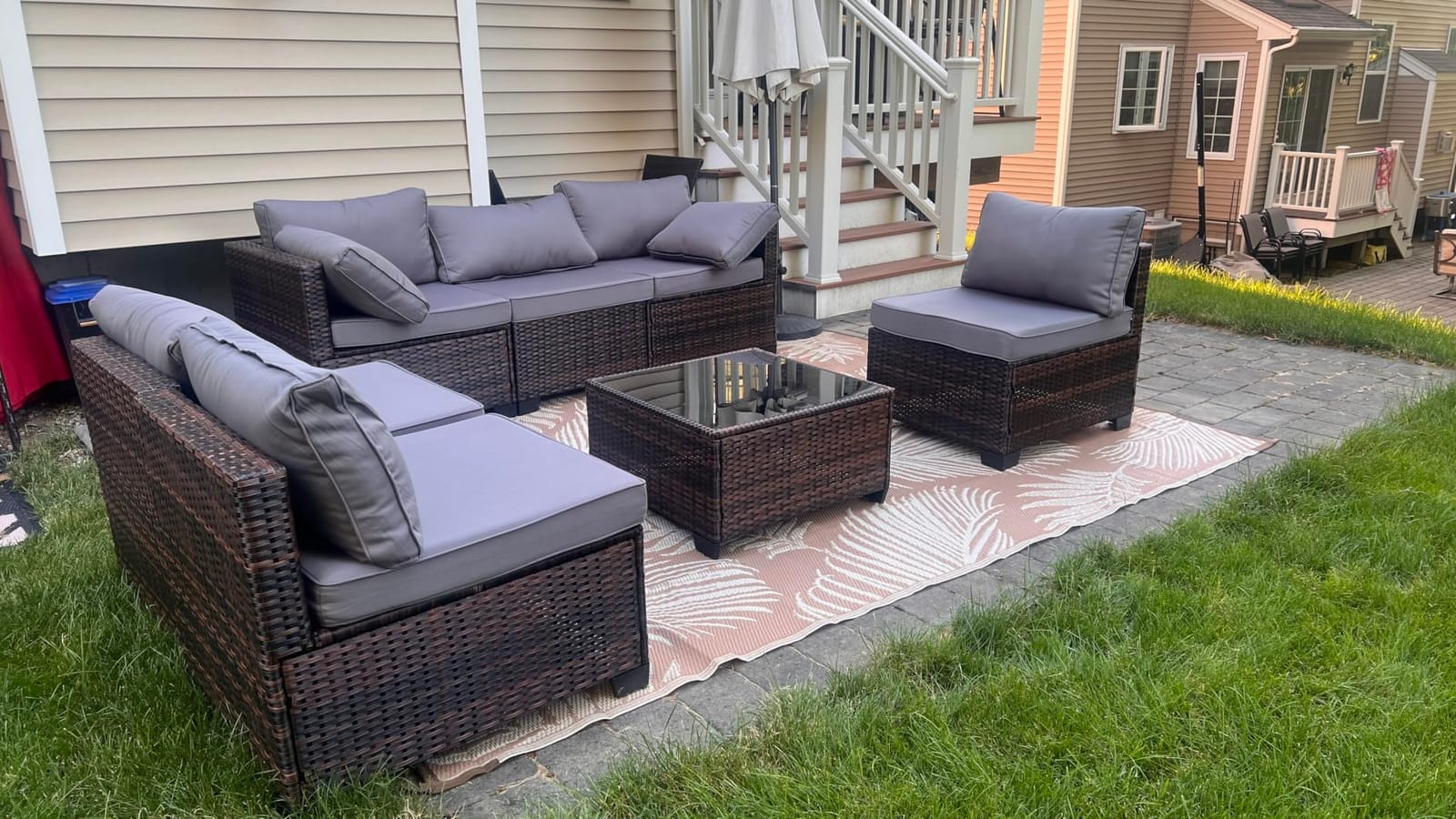 Qsun 7 Pieces Outdoor Patio Furniture Set, PE Rattan Outdoor Wicker Sectional Furniture Sofa Set, with Cushions and Glass Coffee Table, for Balcony, Porch, Garden, Grey customer photo 1