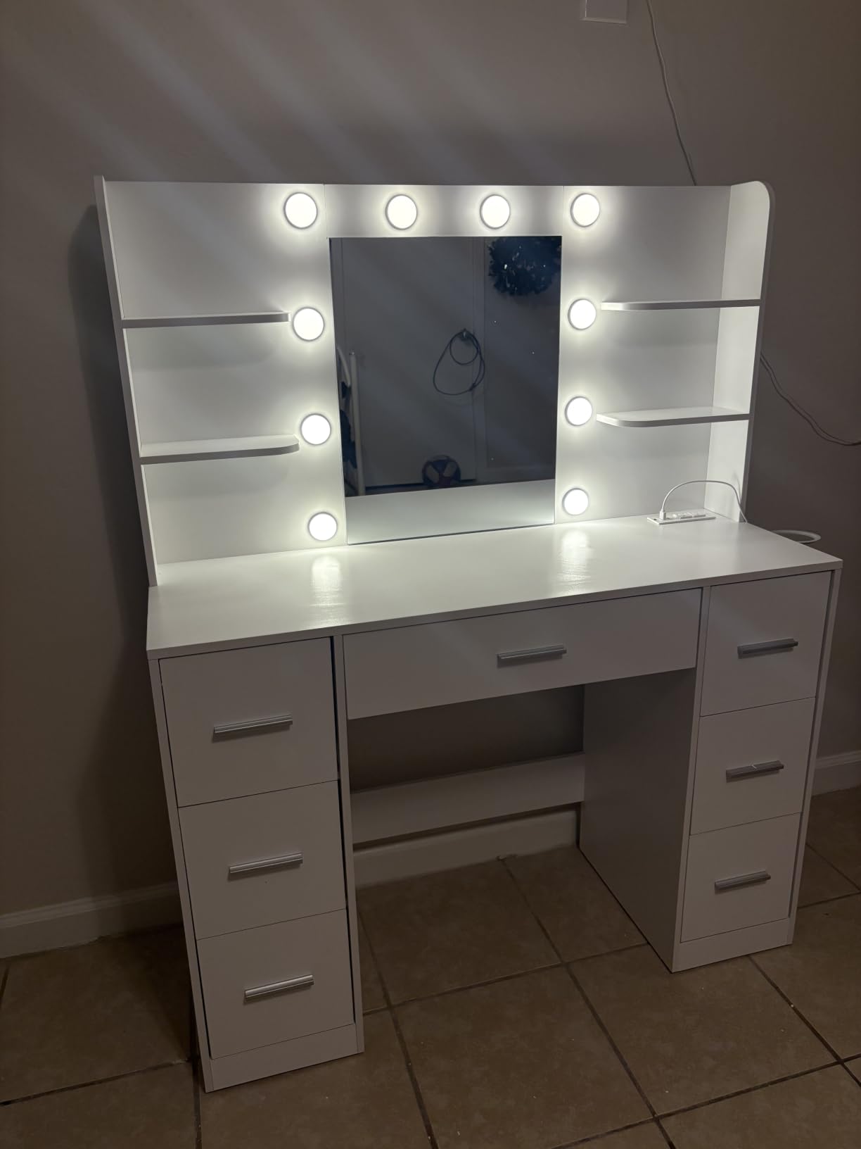 YESHOMY Vanity Desk with Mirror, Outlet, 10 Lights & 7 Drawers,Pure White customer photo 2