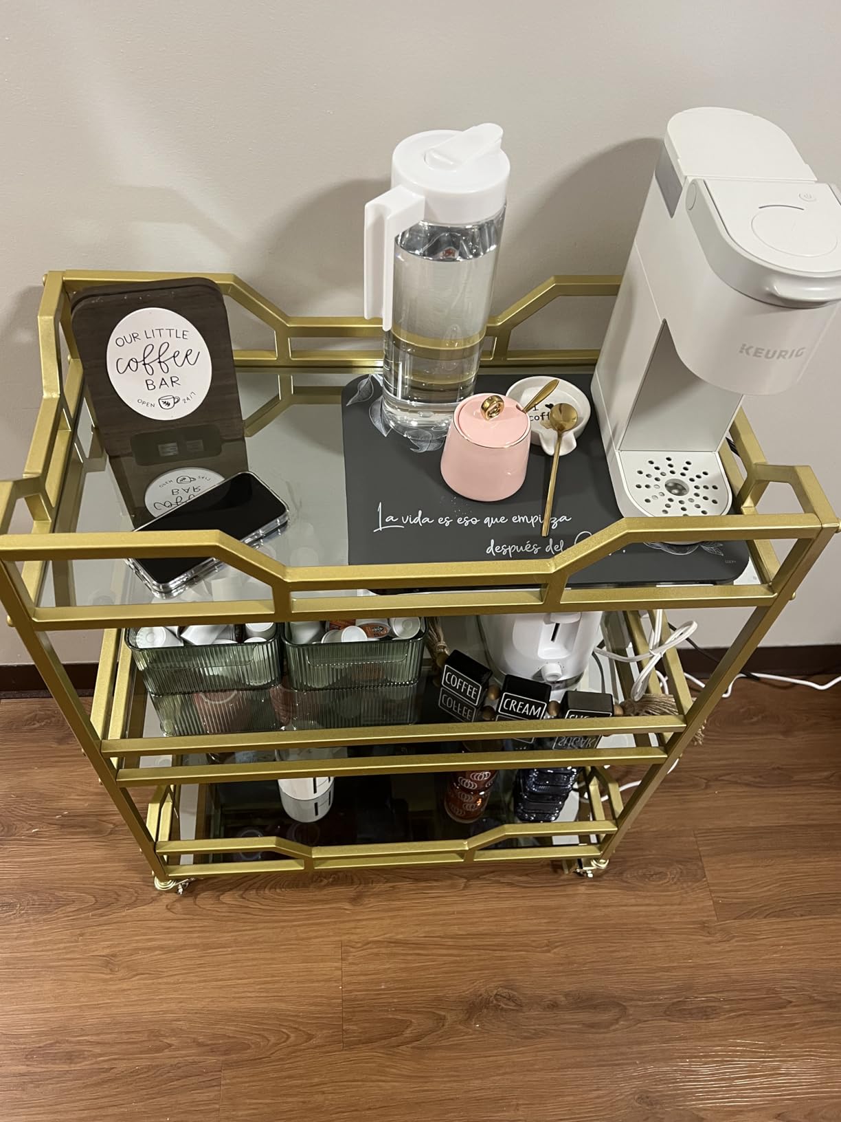 Square Gold Bar Carts with 3 Tier Storage Glass Shelves Holder Home Serving Bar Carts on Wheels for Kitchen, Bar, Dinning Room customer photo 1