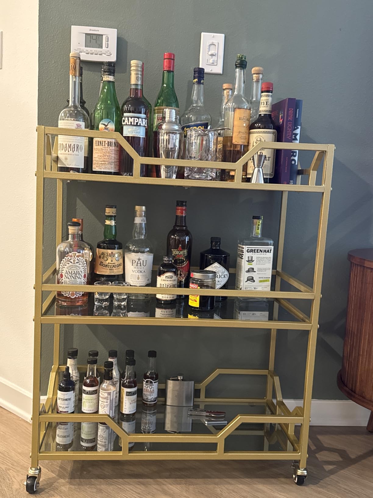 Square Gold Bar Carts with 3 Tier Storage Glass Shelves Holder Home Serving Bar Carts on Wheels for Kitchen, Bar, Dinning Room customer photo 2