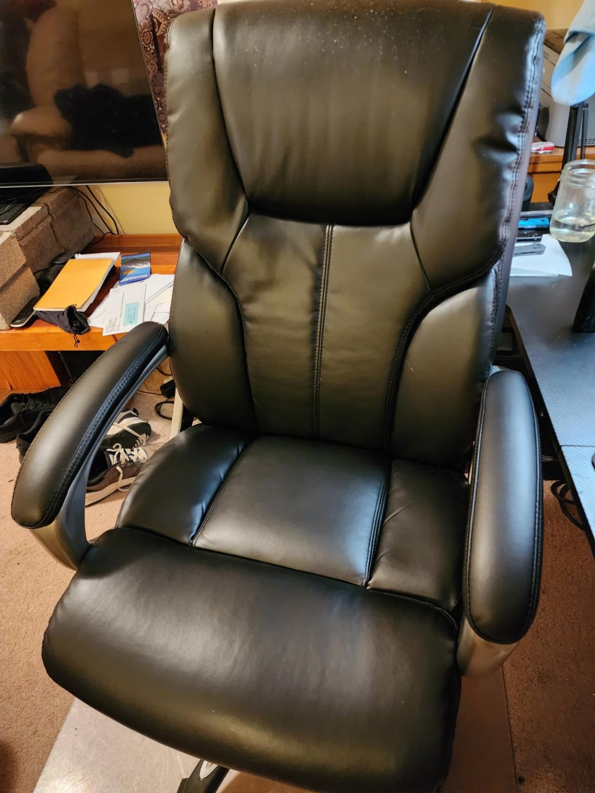 Amazon Basics Executive High Back Office Chair, Adjustable Height, Tilt, Swivel, Padded Seat, Bonded Leather, Wheels, Black/Silver customer photo 2
