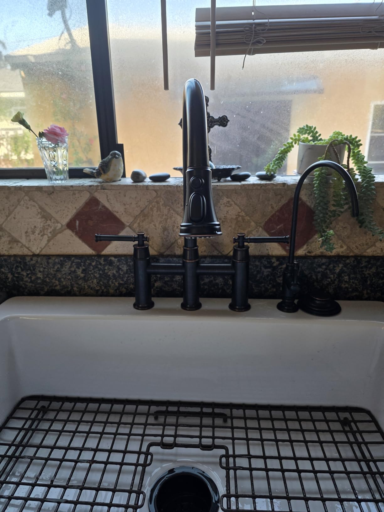 Brushed Bronze Bridge Kitchen Faucet with Pull Down Sprayer, Lava Odoro Transitional Bronze Gold Kitchen Sink Faucet 3 Hole 2 Handle Antique Brass Bridge Kitchen Faucet, KF501-BB customer photo 1