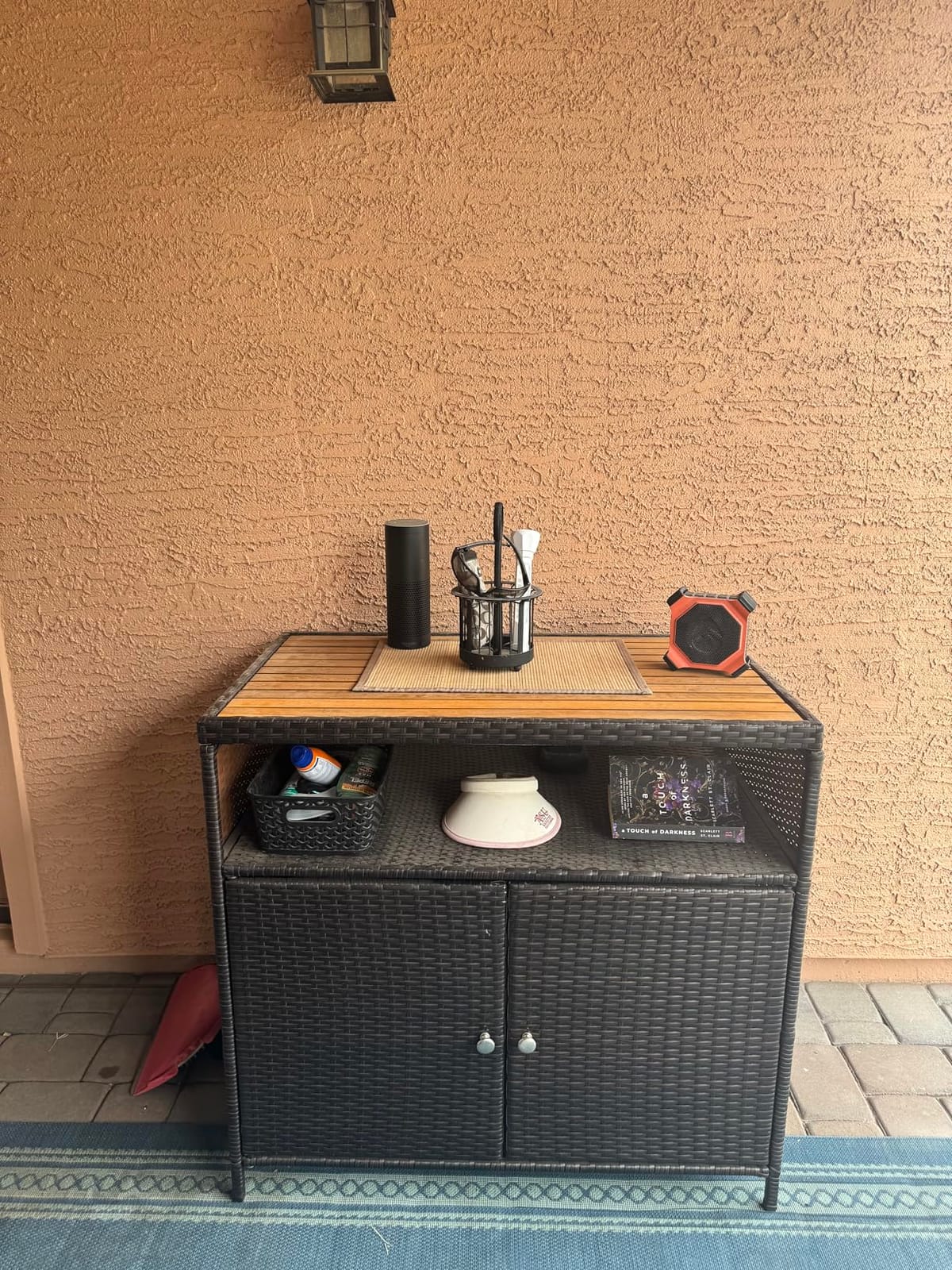 Tangkula Rattan Outdoor Storage Cabinet, Patiojoy Outdoor Cabinet with Acacia Wood Countertop, Open Compartment, 2-Door Wicker Sideboard, Outdoor Bar for Patio Garden Backyard Poolside (Mix Brown) customer photo 2