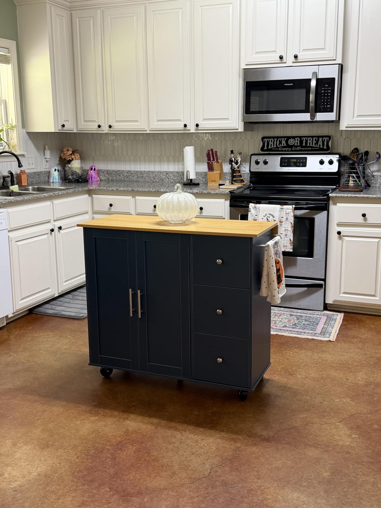 Shintenchi Kitchen Island Cart with Storage,Rolling Kitchen Island Storage Cabinet,Side Table on Wheels with Worktop,3 Open Shelves and 3 Drawers for Kitchen,Dinning Room, Black customer photo 2