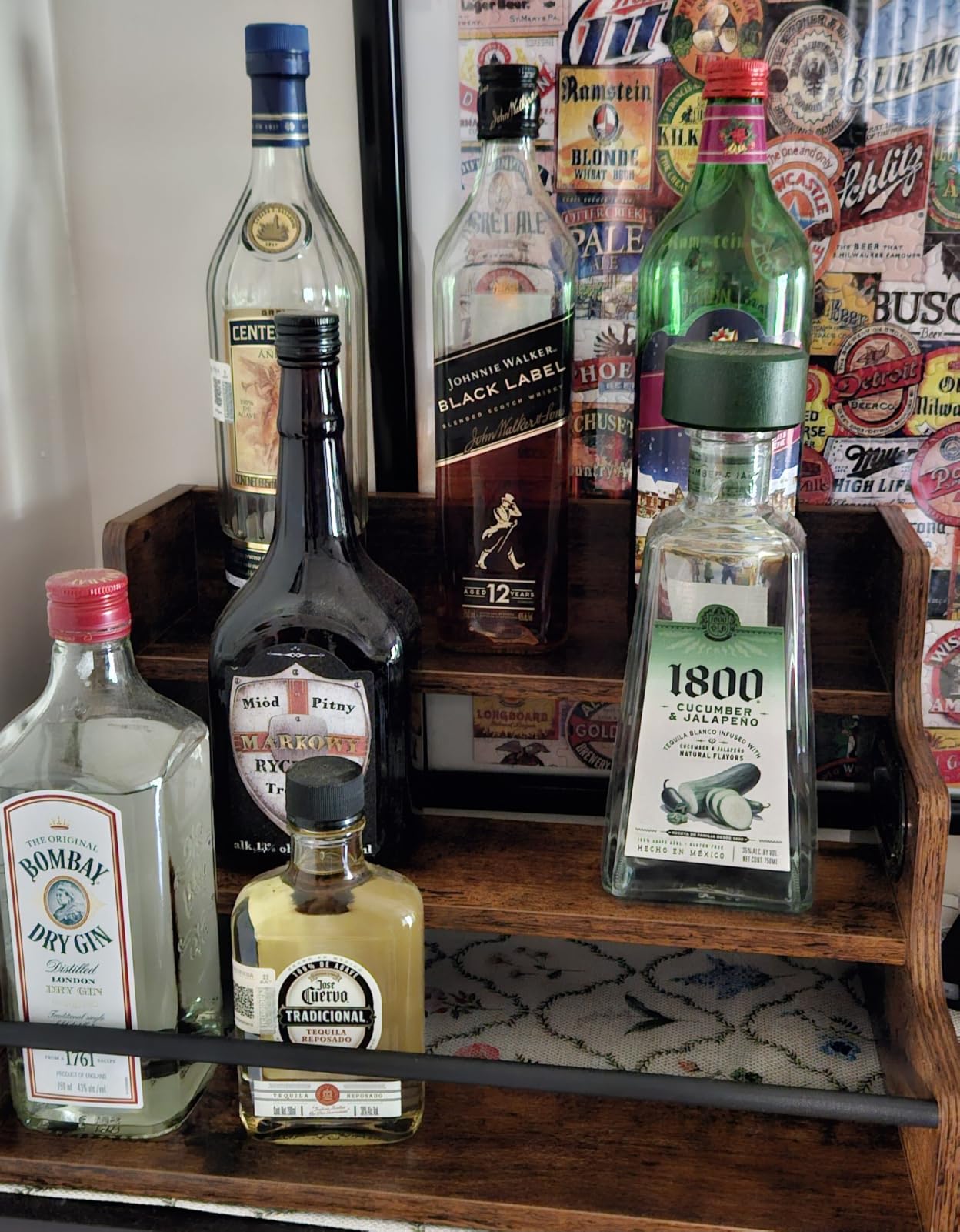 KLM Liquor Bottle Display Shelf, Coffee Syrup Rack Organizer, 3 Step Countertop Liquor Wine Rack, mini bar,liquor cabinet, Home Retro Bar Shelf Stand for Liquor Whiskey, Spirits customer photo 1