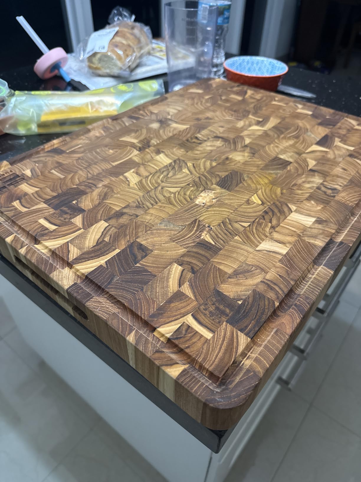 EZ FURNITURE Extra Large (XL) Teak End Grain Cutting Board, Reversible, Knife-Friendly Charcuterie Butcher Block with Juice Groove & Handles, Non-Toxic, Gift Box Included (24