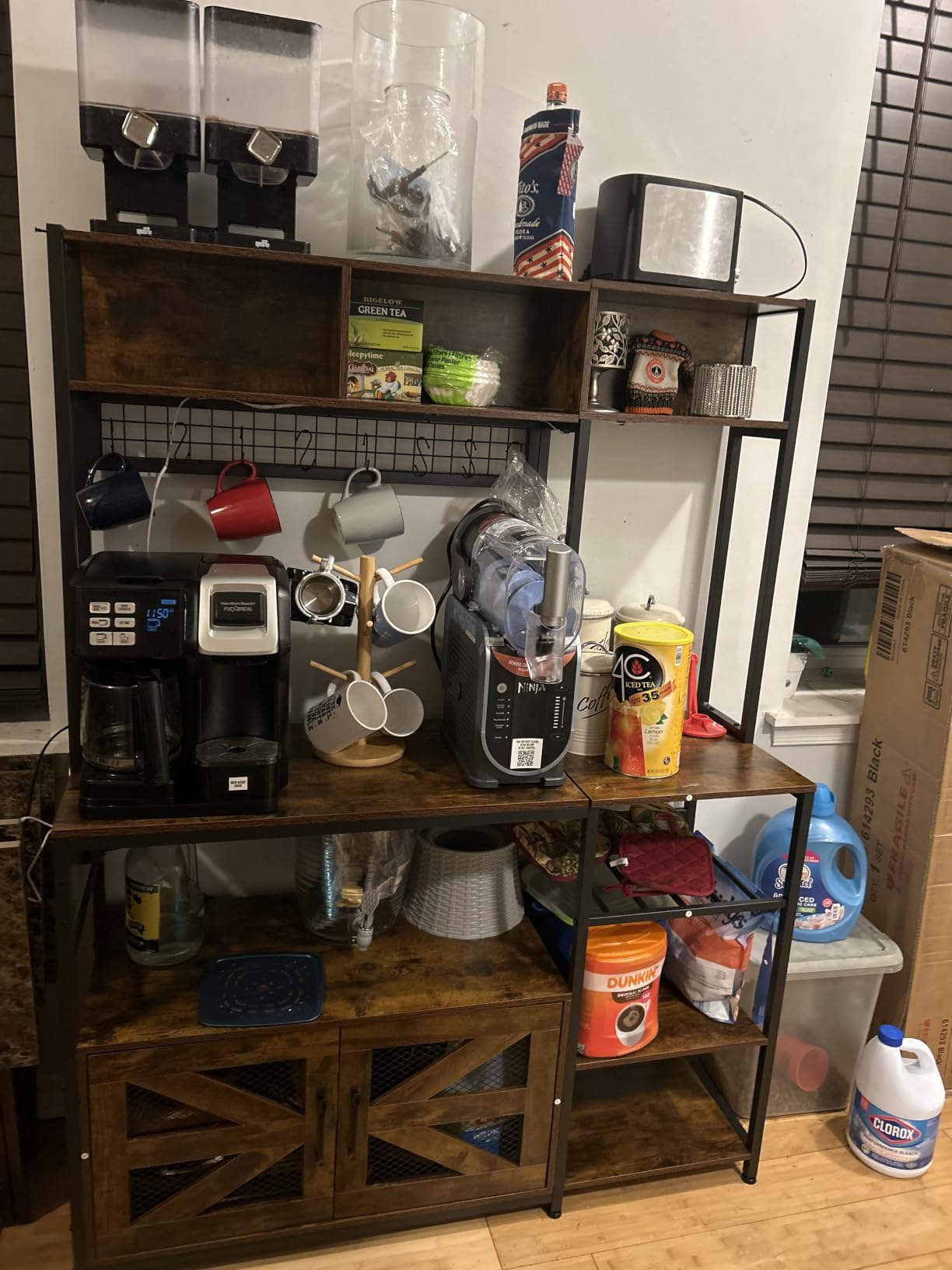 Itaar 47.2 Inch Bakers Rack with Power Outlet, Microwave Stand with Storage, Farmhouse Coffee Bar Cabinet Station with Wine Rack, Iron Mesh and 8-S Hooks (Black) customer photo 1