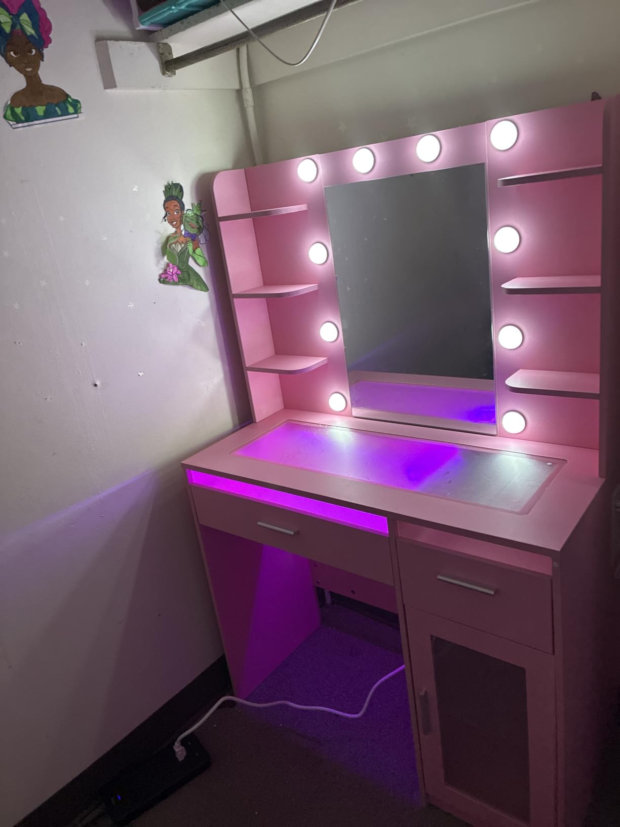 HUAHUU Vanity Desk with Mirror and Lights, Makeup Vanity Desk with Lights 3 Colors, Transparent Top Vanity with 2 RGB Drawers, 6 Shelves, Large Tempered Cabinet, Power Outlet, for Bedroom, White customer photo 1
