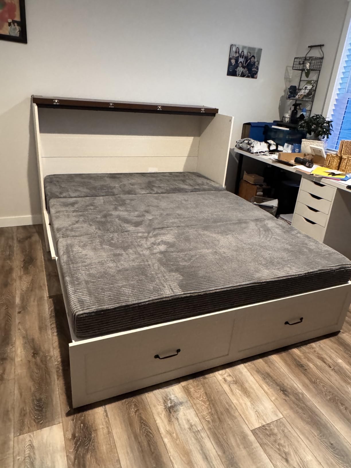 Hlivelood Full Size Murphy Chest Bed with Drawer and Charging Station, Farmhouse Wood Space-Saving Hidden Folding Beds Chest, Multifunctional Storage Cabinet Bed for Bedroom, Office, Rustic White customer photo 2
