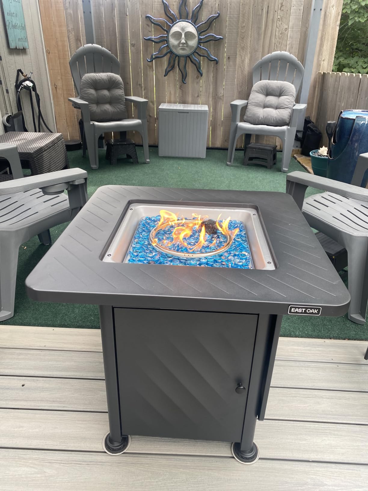 East Oak 28” Outdoor Propane Fire Pit Table | 52,000 BTU Gas Fire Pit for 2-4 People with Space-Saving Hock Lid, Mesh Pocket & Lava Rocks | CSA Certified Safe for Patio, Deck, Backyard, Brown customer photo 2