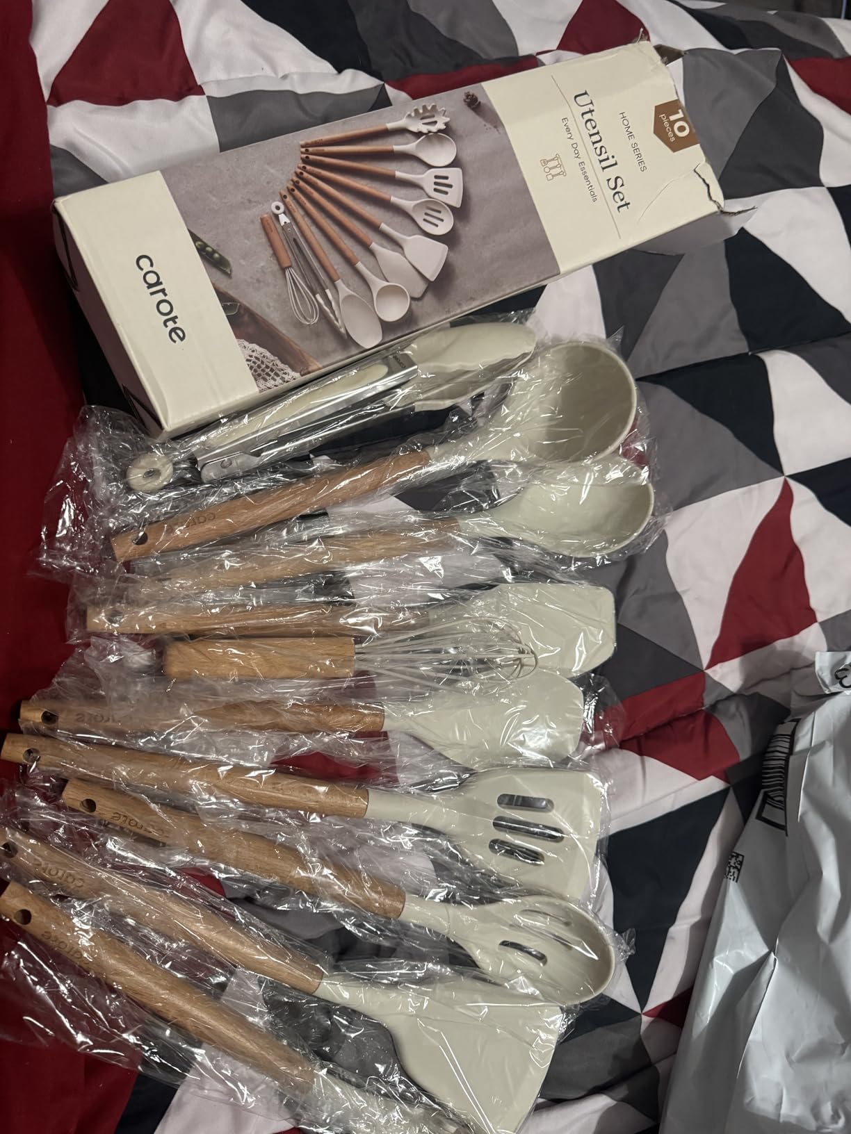 CAROTE 22-Piece Cooking Utensils Set with Wood Cool-Touch Handles, Cream customer photo 2