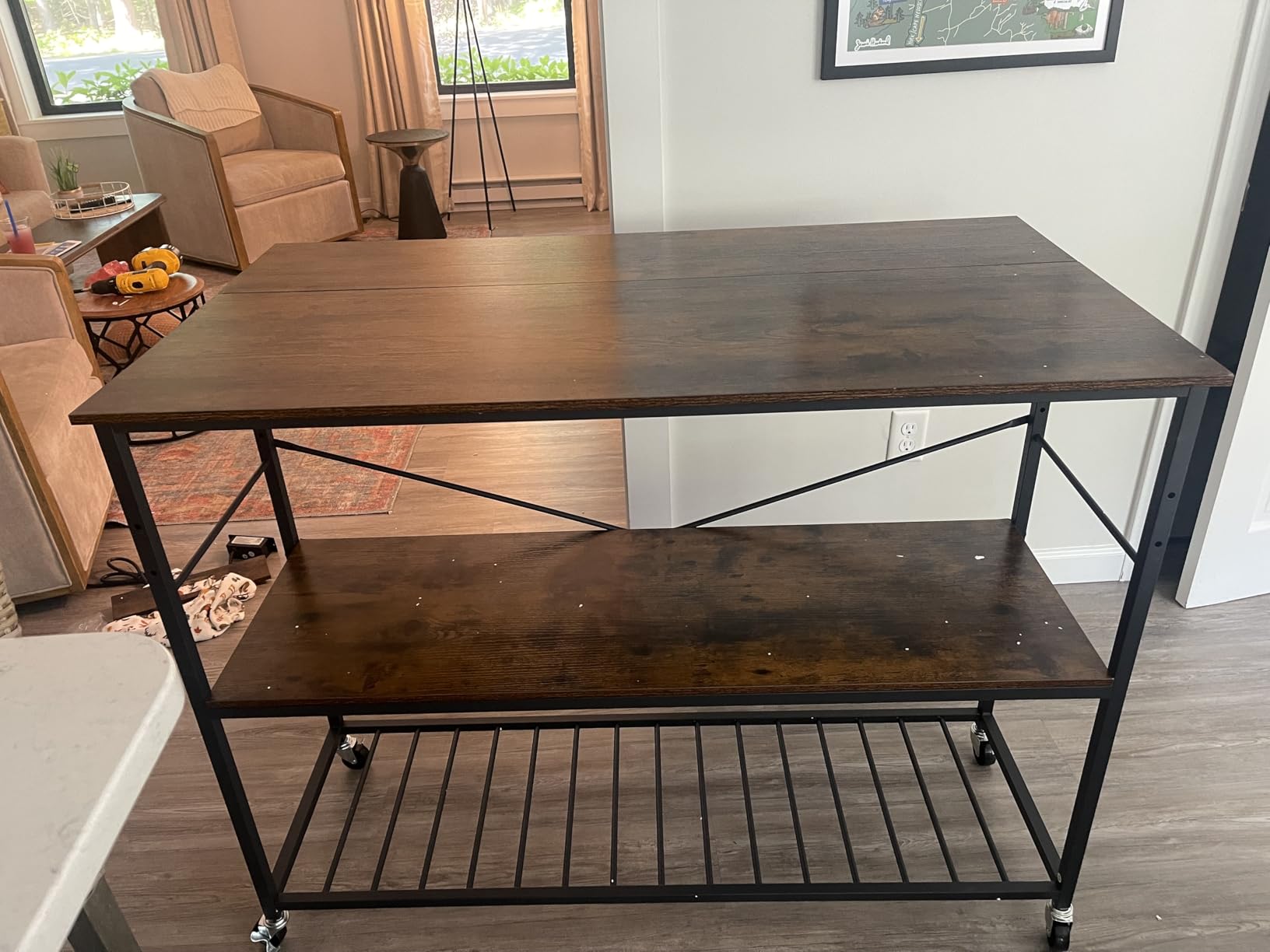 CHOEZON Kitchen Island with Power Outlet and Folding Top, Movable with 3-Tier Storage, Large Size, Wooden Shelves and Wine Rack, for Kitchen, Dining and Living Room, Rustic Brown and Black TZD02UBF customer photo 1