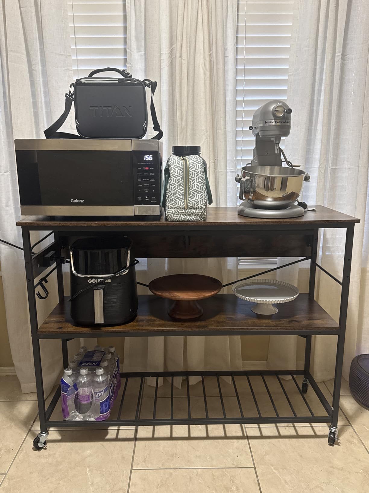 CHOEZON Kitchen Island with Power Outlet and Folding Top, Movable with 3-Tier Storage, Large Size, Wooden Shelves and Wine Rack, for Kitchen, Dining and Living Room, Rustic Brown and Black TZD02UBF customer photo 2