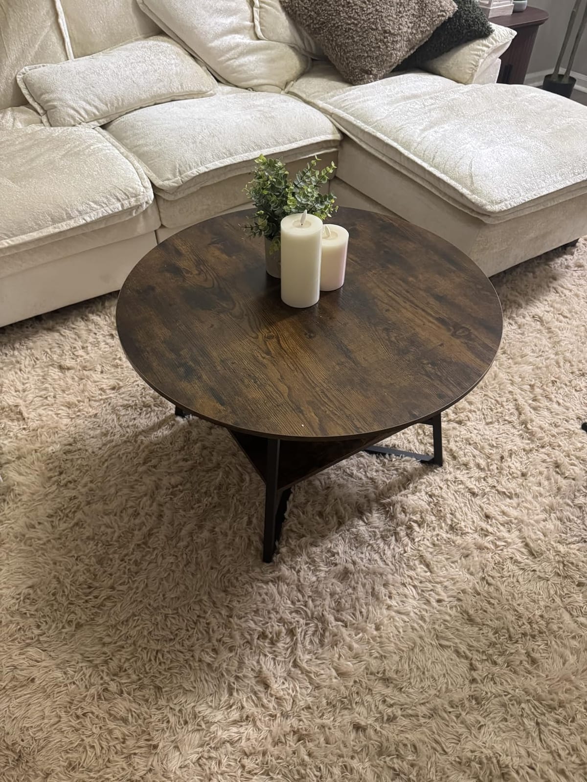 Round Coffee Table, Small Circle Coffee Table with Storage, Modern Wood Round Center Table for Living Room, Home Office, Small Space, Easy Assembly, Rustic Brown customer photo 1