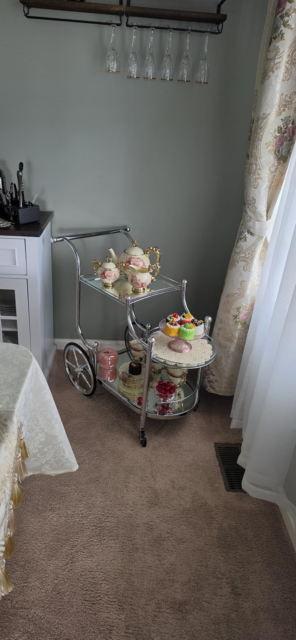 Tangkula Bar Cart, 3-Tier Rolling Home Bar Serving Cart with Mirrored Shelves & 4 Wheels, Mobile Beverage & Wine Cart for Kitchen, Dining Room, Living Room (Gold) customer photo 1