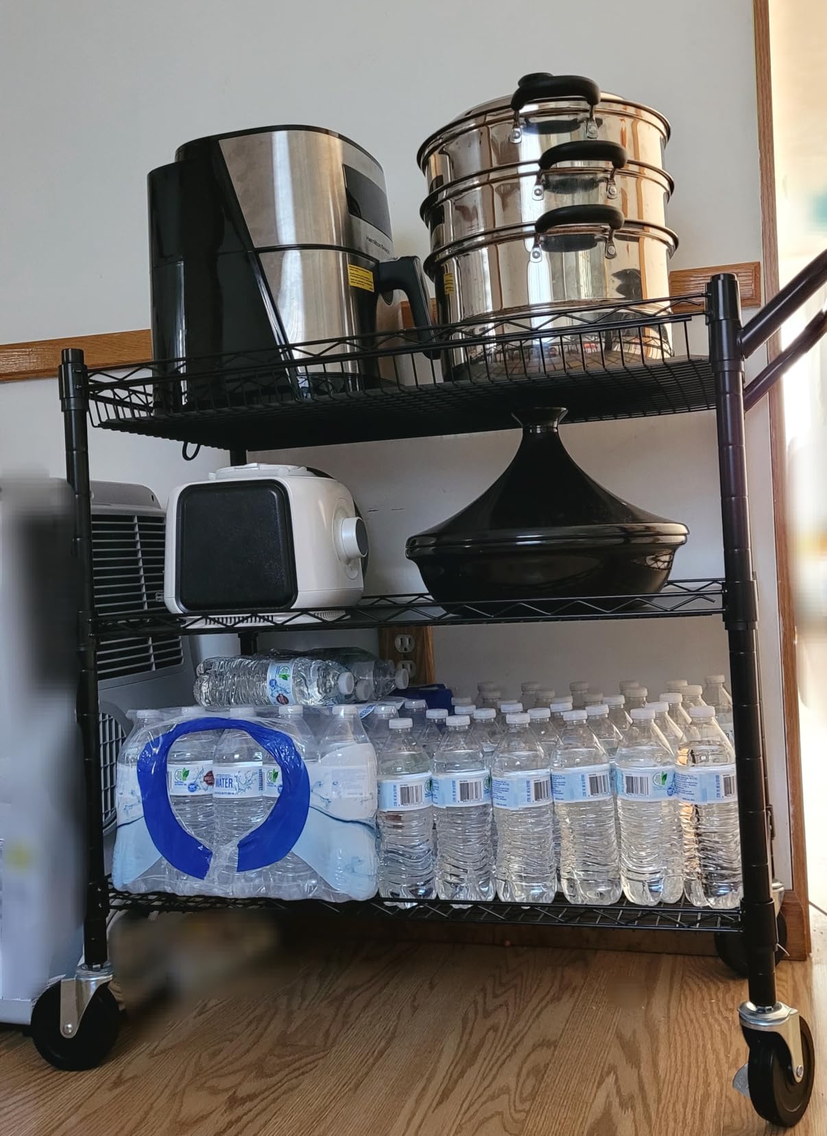 3 Tier Rolling Kitchen Carts on Wheels with Storage,650Lbs Heavy Duty Utility Carts with Wheels,Kitchen Island with Wood Tabletop,Metal Serving Rolling Cart for Small Appliance Food Cart,Wood+Metal customer photo 2